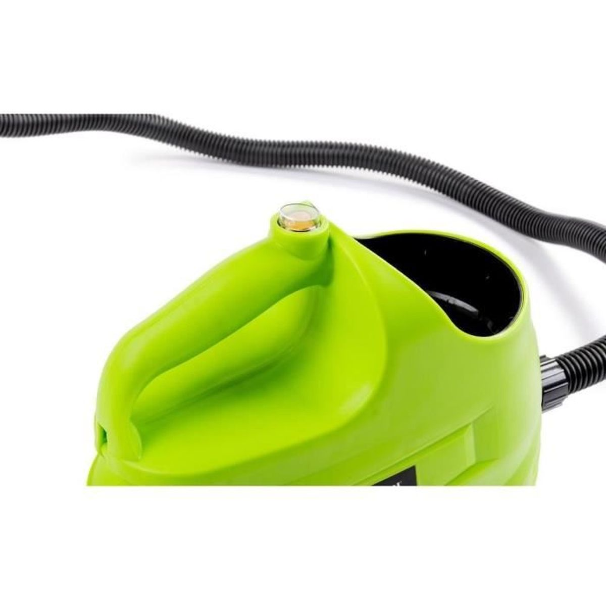 Manico verde con tubo nero, vista su sfondo bianco.
