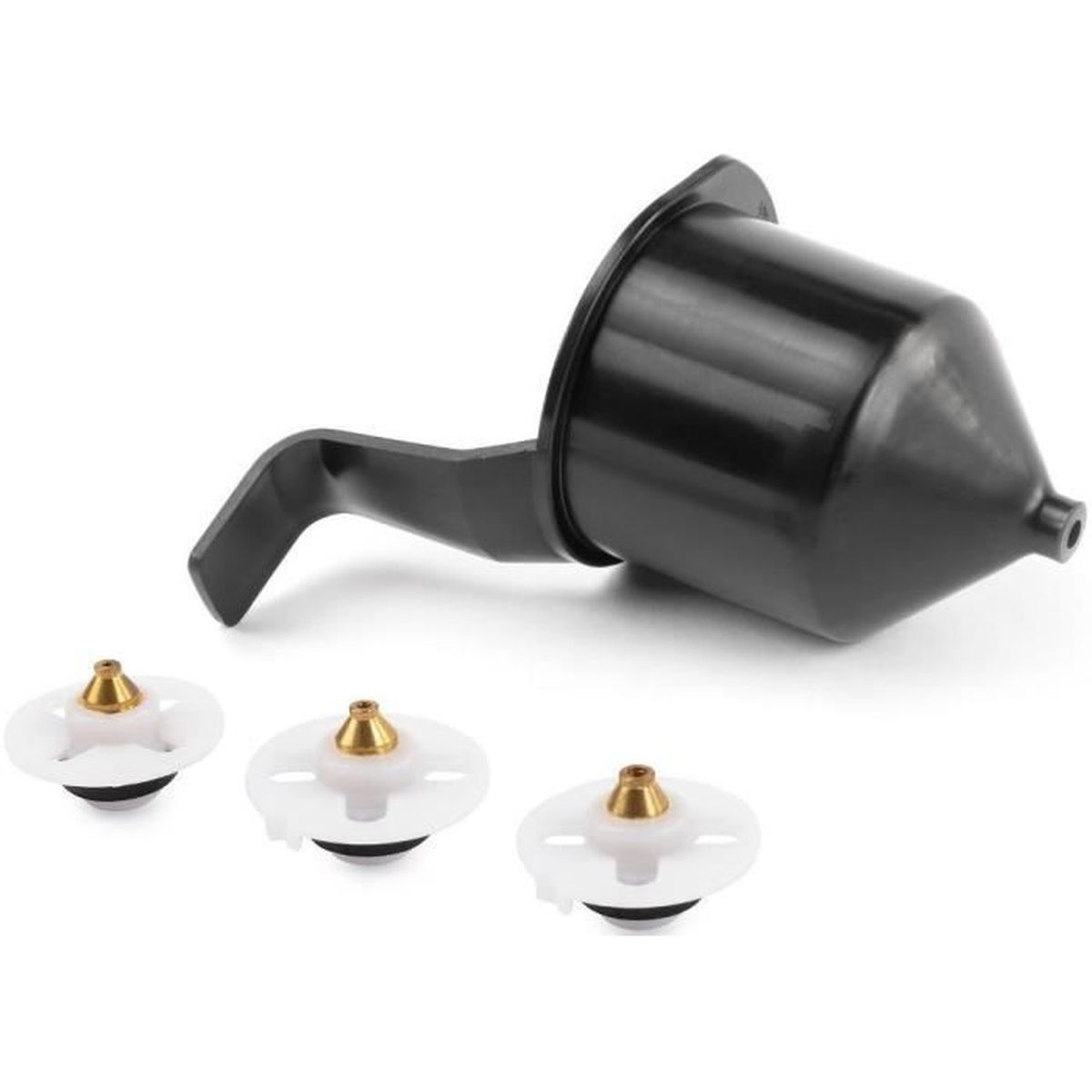 Tazza spray nera con tre ugelli bianchi con punte dorate su sfondo bianco.