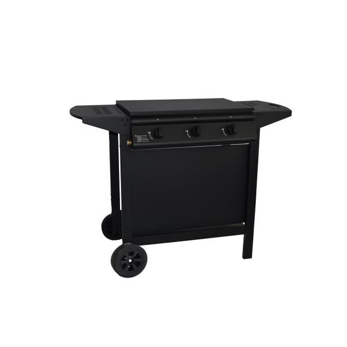 Ein schwarzer Gasgrill mit drei Brennern und zwei Rädern.