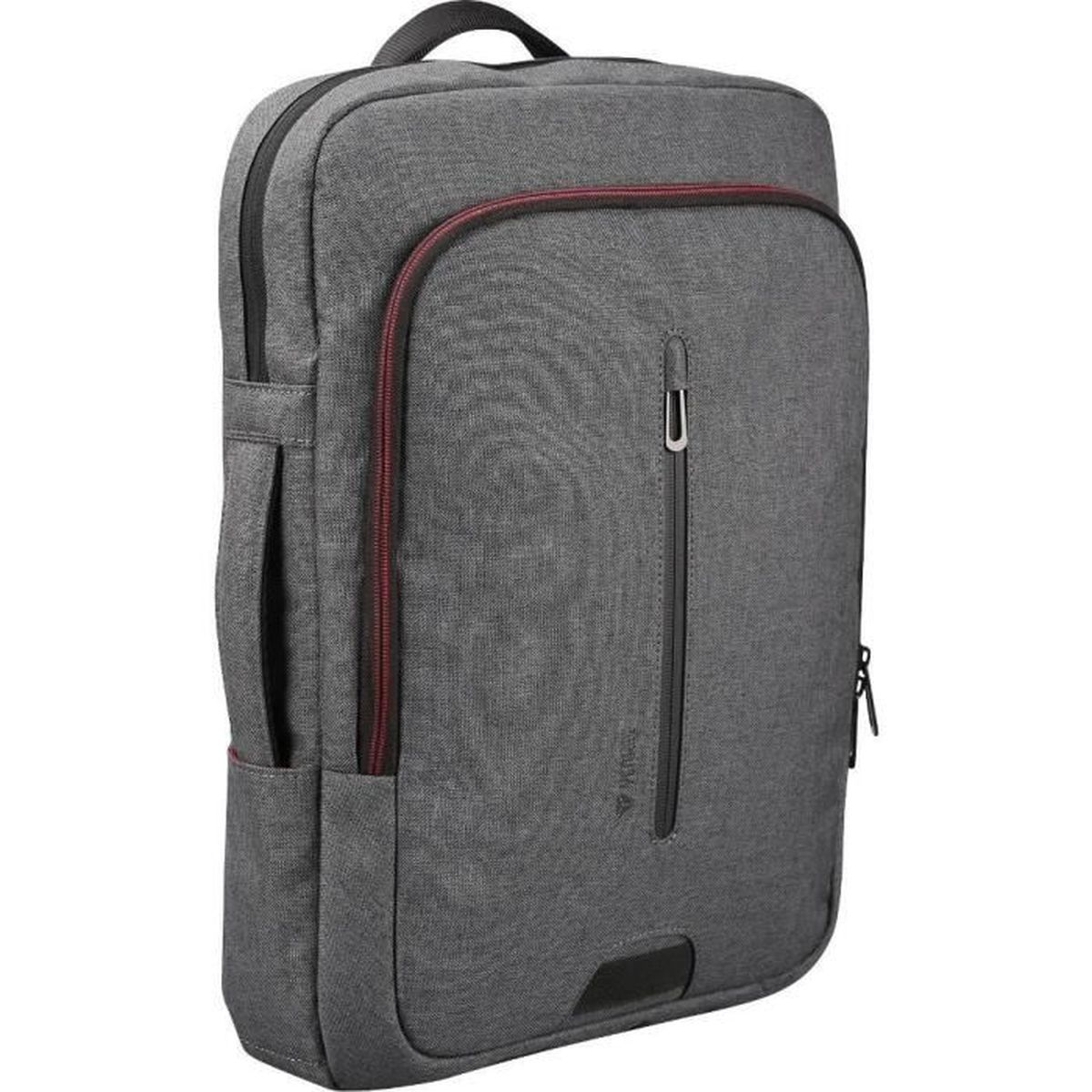 Zaino grigio con dettaglio zip rossa e tasche esterne.