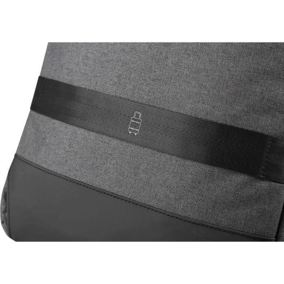 Tessuto grigio con nastro nero e logo, pelle nera in basso.