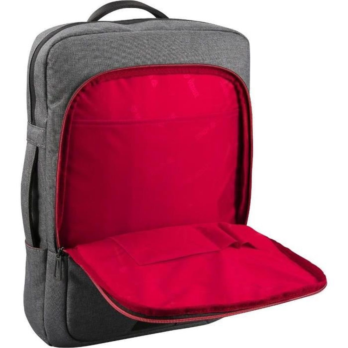 Zaino grigio con scomparto aperto e fodera rossa, isolato su sfondo bianco.