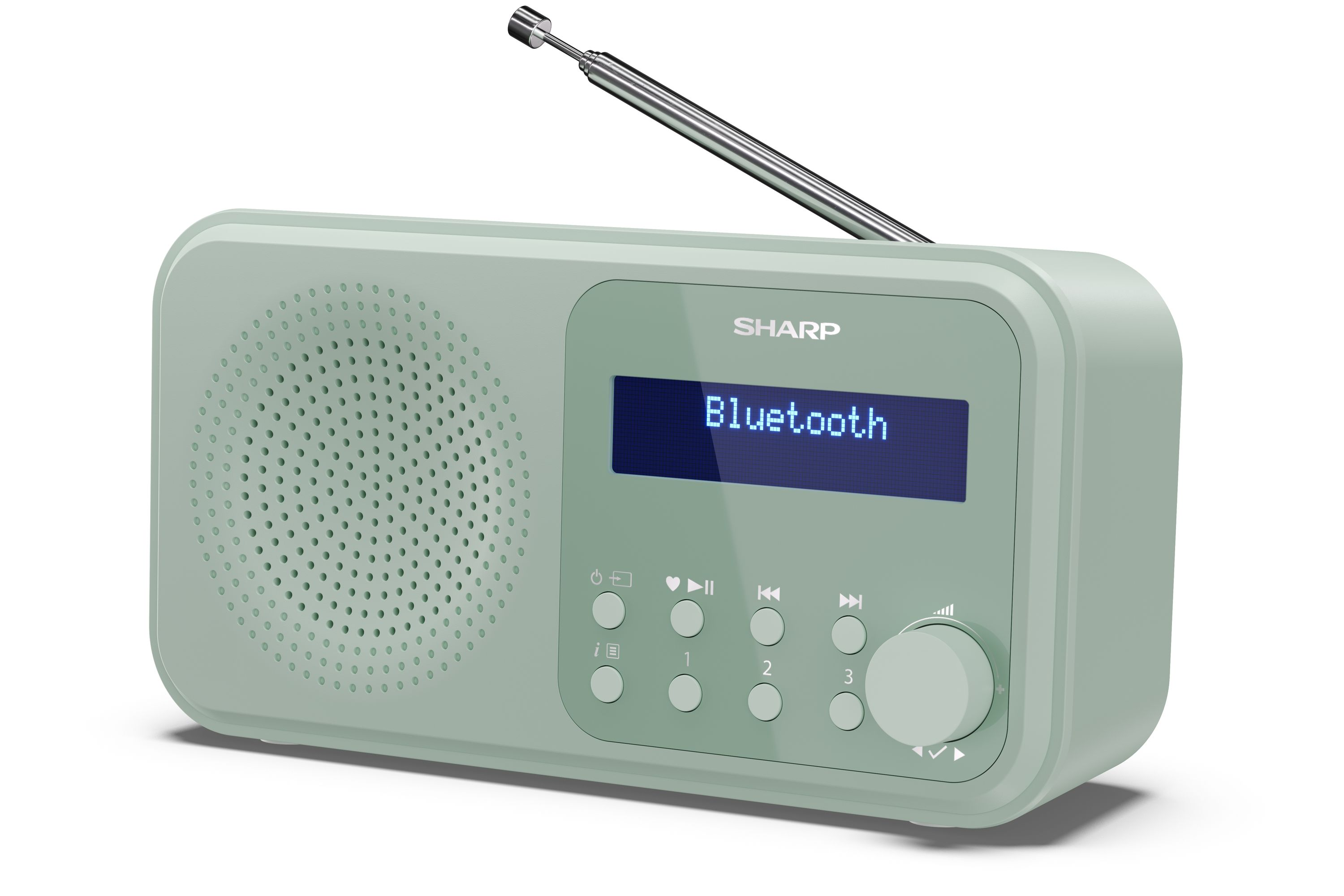Ein hellgrünes Sharp Radio mit ausgefahrenem Antennenstab und blauem Bluetooth-Display.