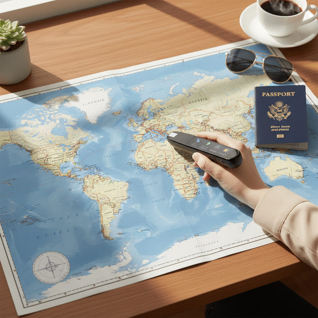 Una mano sostiene un dispositivo de traducción sobre un mapa del mundo. Pasaporte y café cerca.