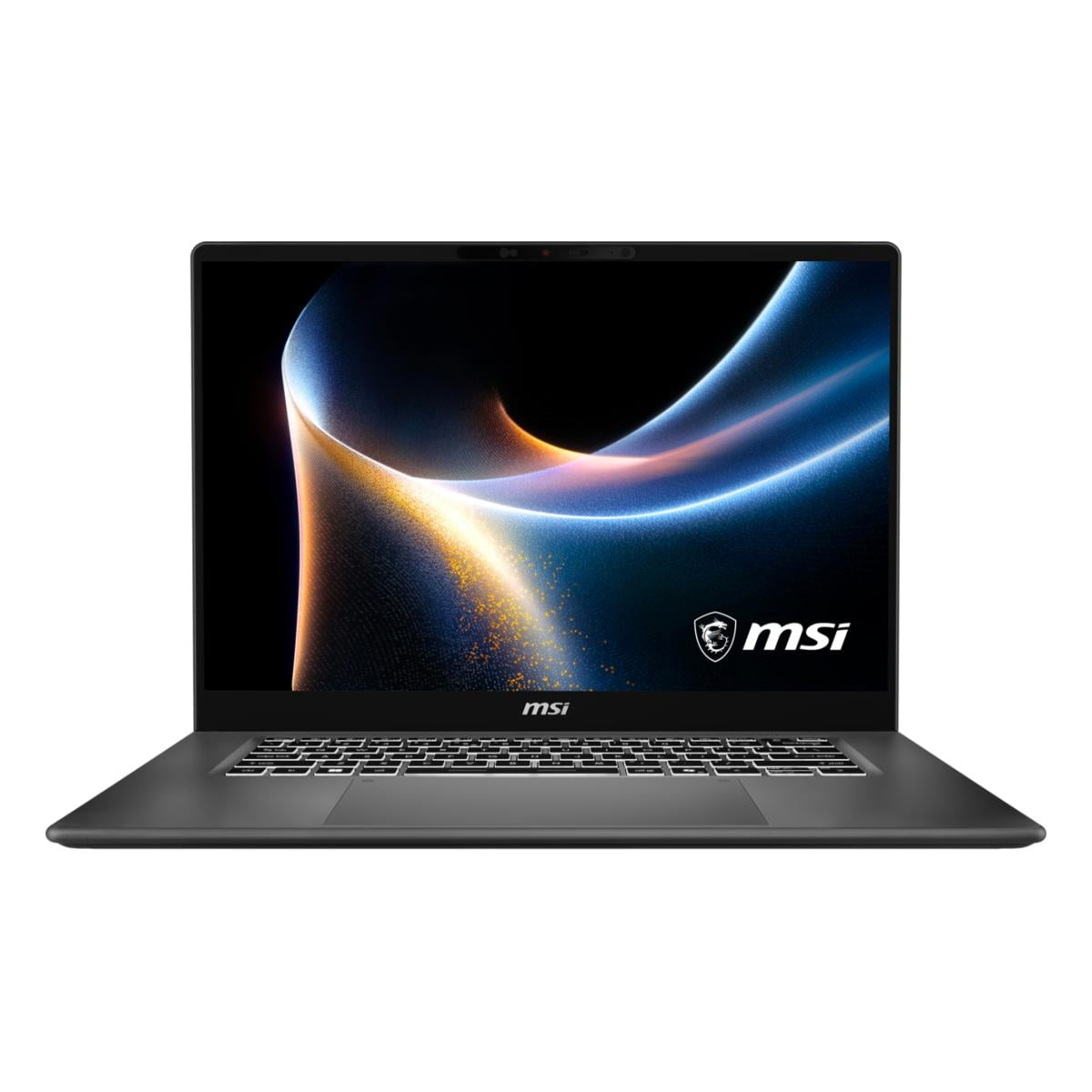 Ein geschlossenes MSI-Notebook mit beleuchtetem Logo auf dem Bildschirm.