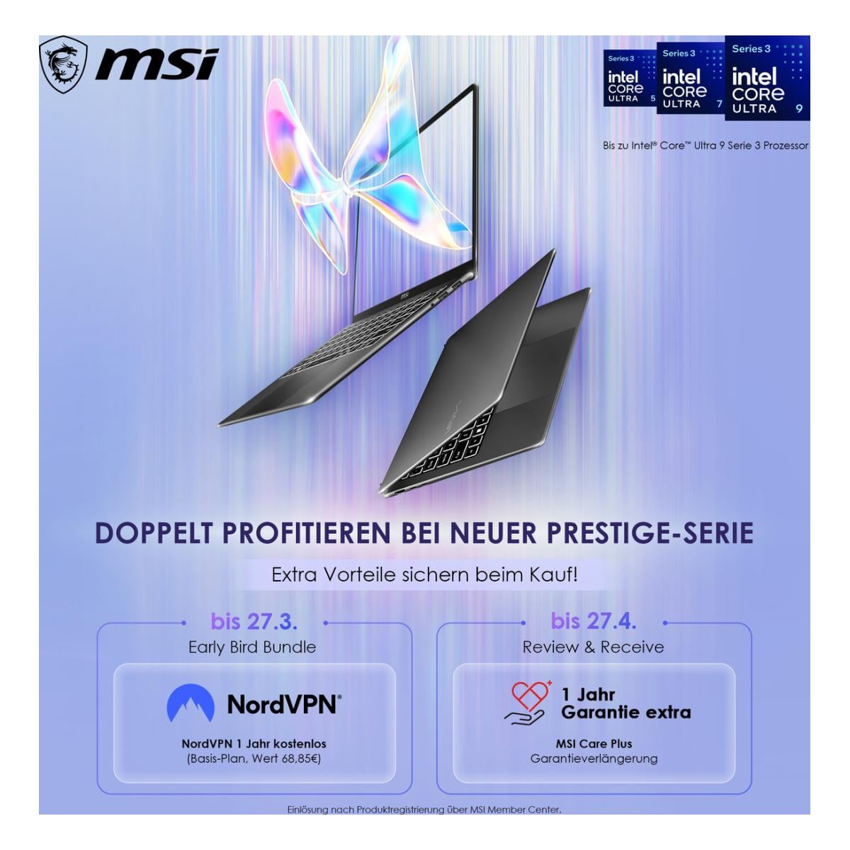 MSI Laptops mit Intel Core Ultra Prozessoren und Angeboten für NordVPN und Garantie.