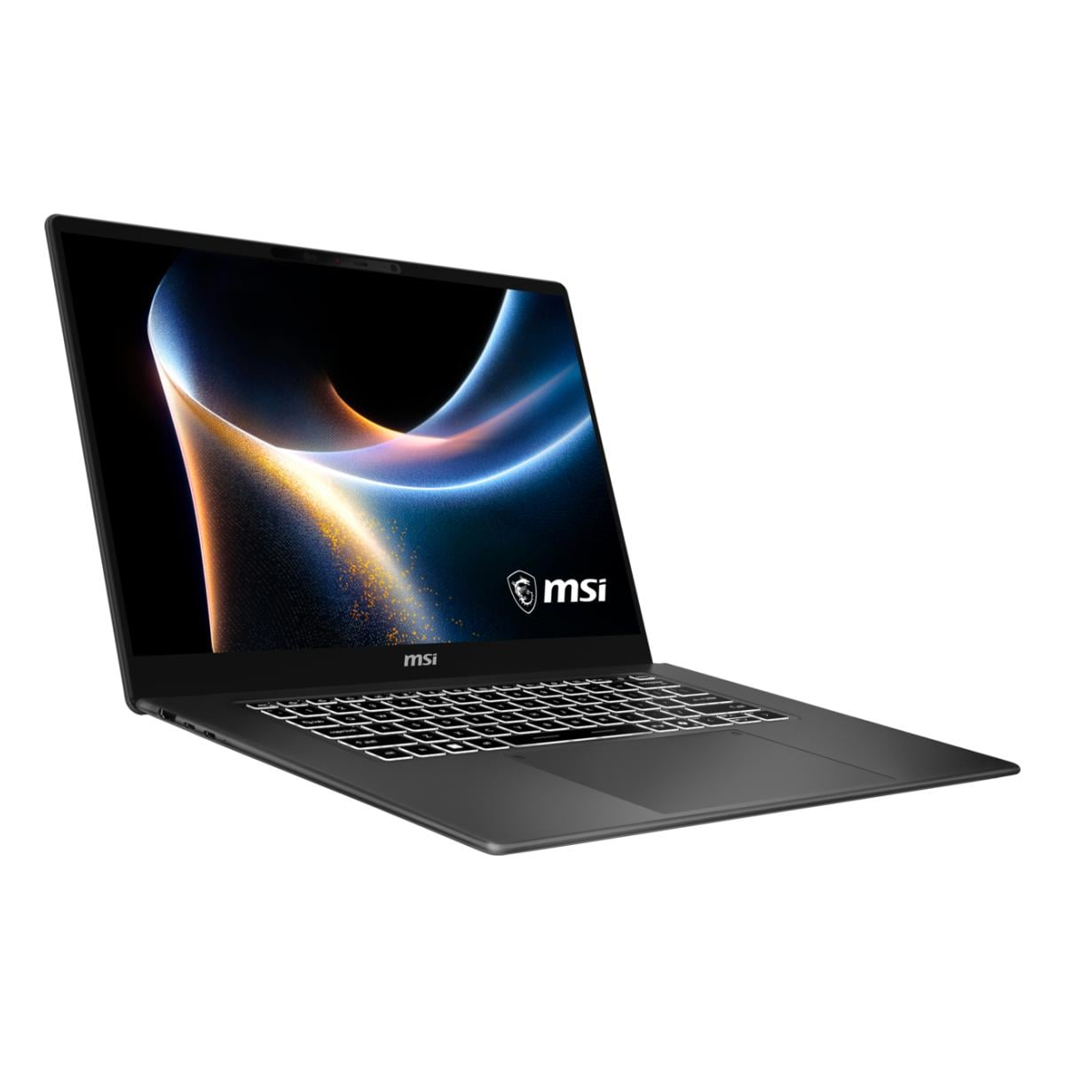 Ein schwarzer MSI-Laptop mit beleuchteter Tastatur und abstrakter Bildschirmanzeige.