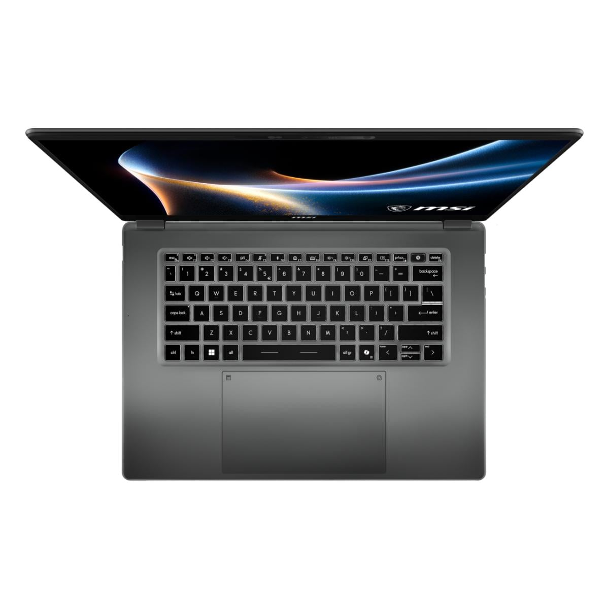 Ein silberner MSI Laptop mit beleuchteter Tastatur und hellem Bildschirm.