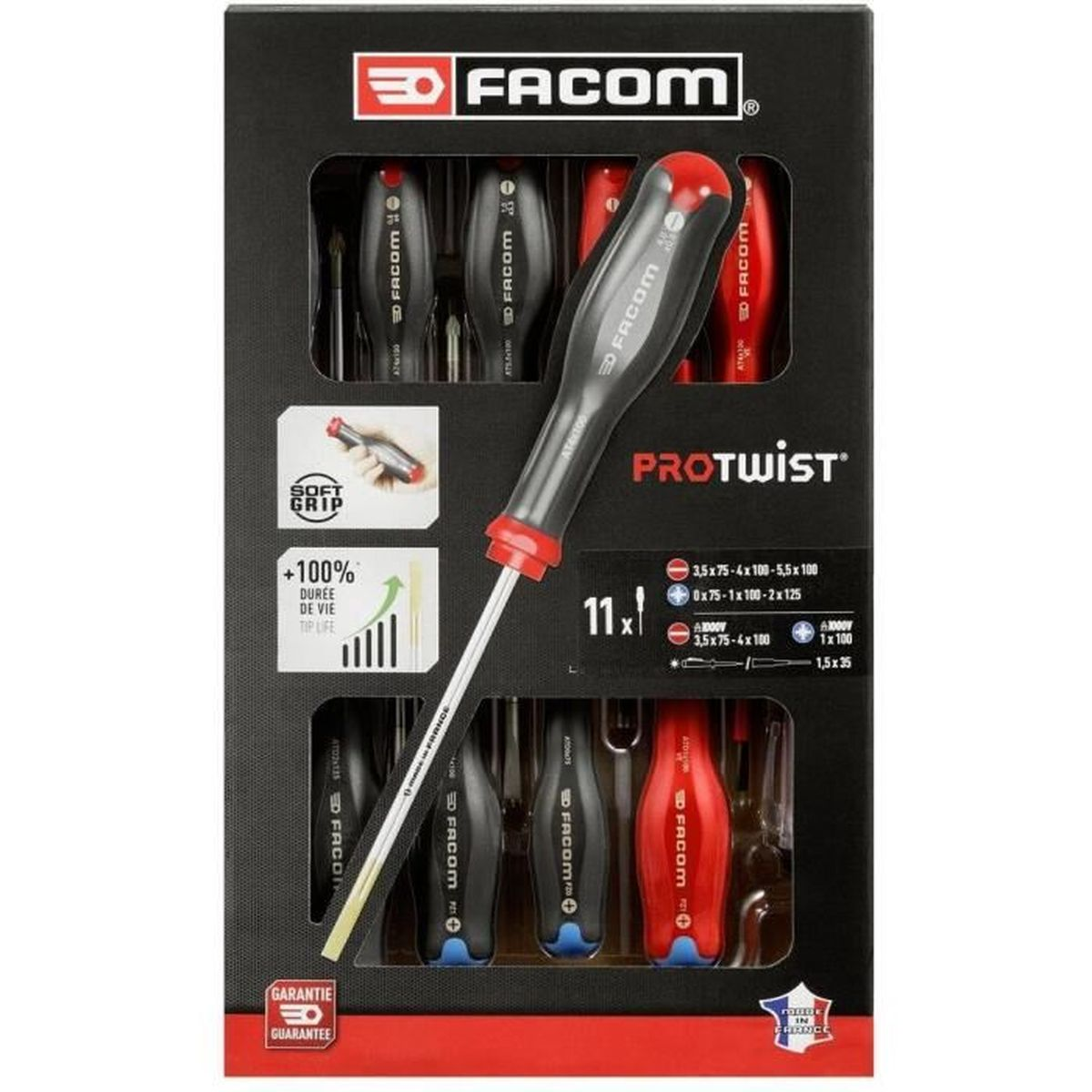 Ein Set mit 11 Schraubendrehern von Facom mit roten und schwarzen Griffen.
