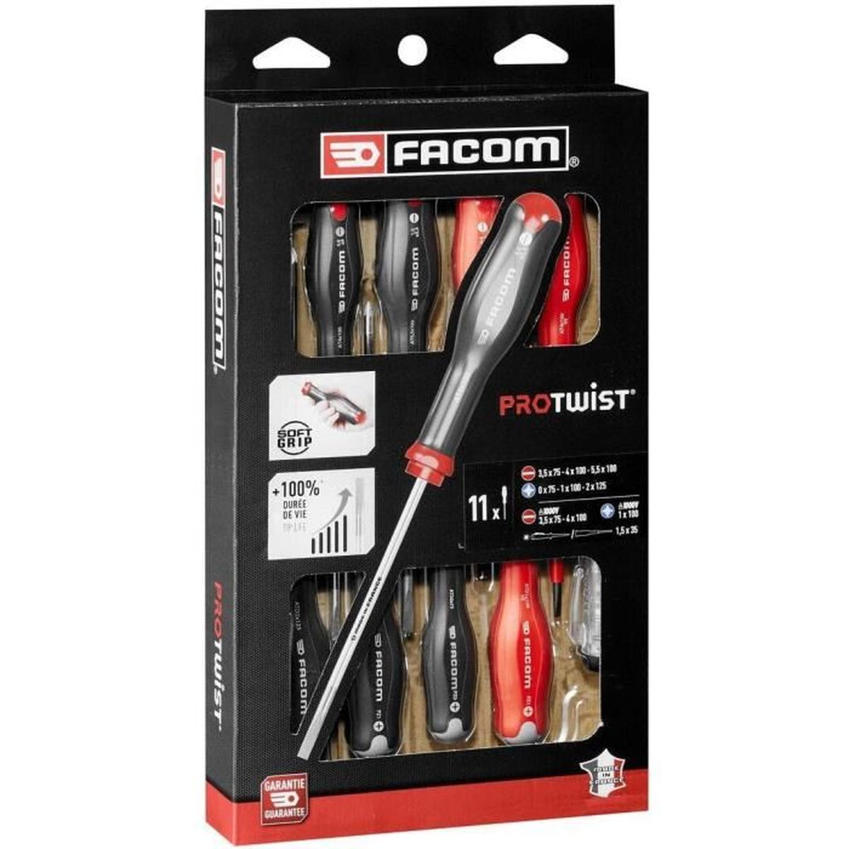 Ein Set von 11 Facom Protwist Schraubendrehern in schwarzer Verpackung mit roten Akzenten.