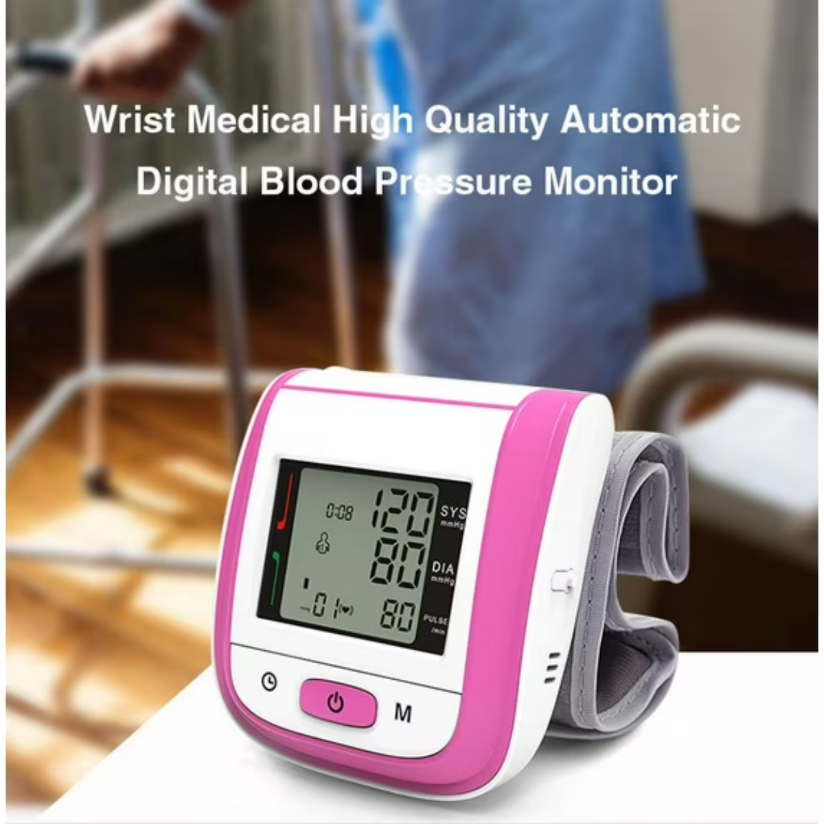 Pinker digitaler Handgelenk-Blutdruckmesser mit Display, der 120/80 anzeigt.