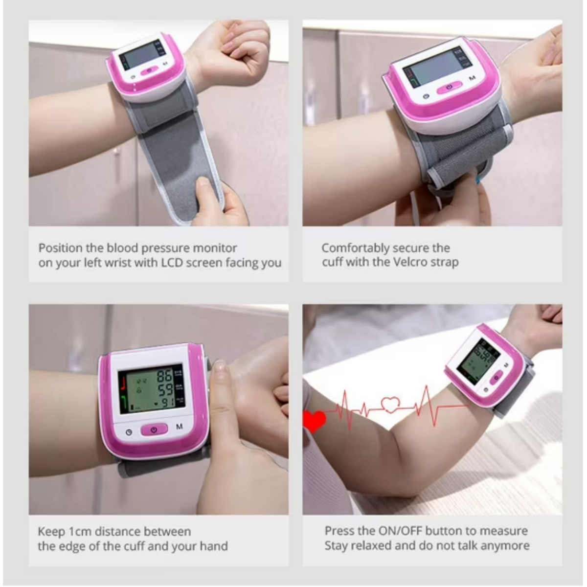 Arm mit Blutdruckmessgerät am Handgelenk, LCD zeigt Werte.