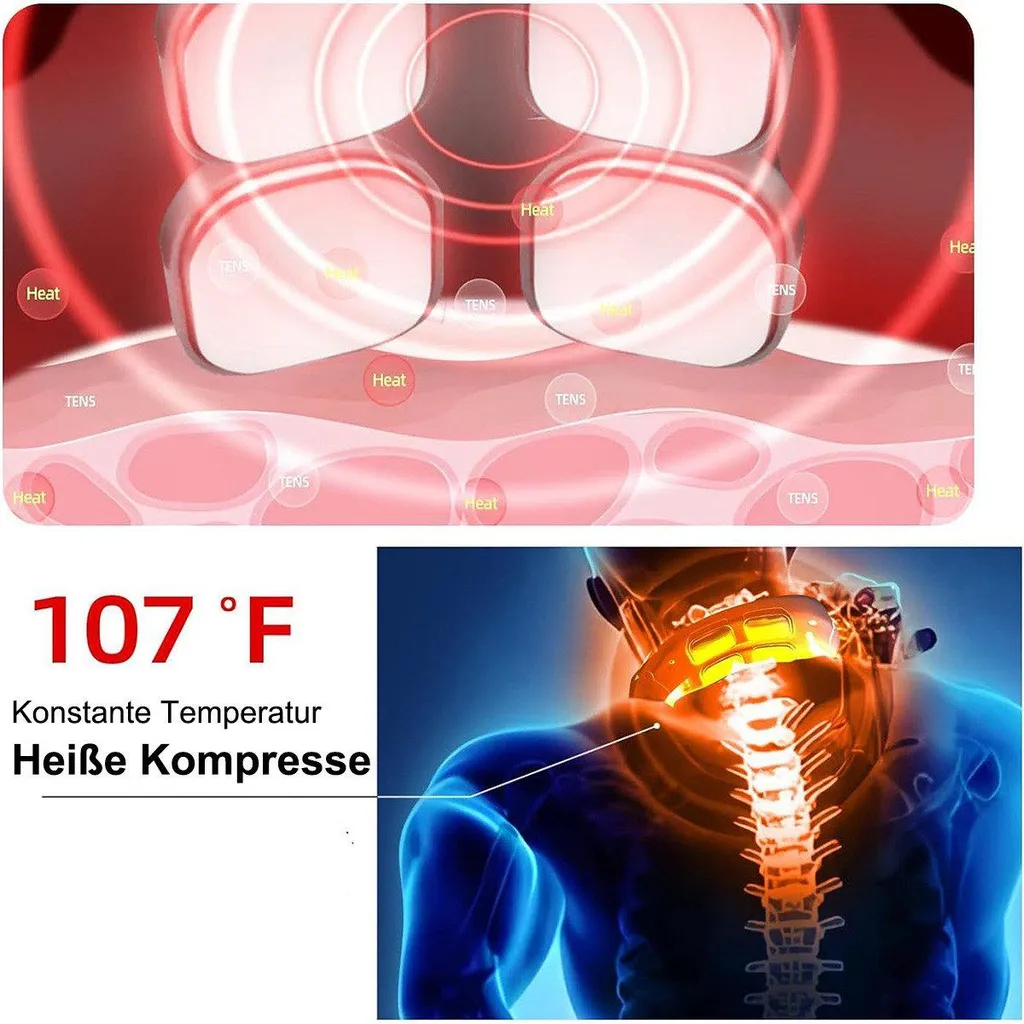 Abbildung zeigt Nackenbereich mit Wärme- und TENS-Symbolen und einem menschlichen Torso.