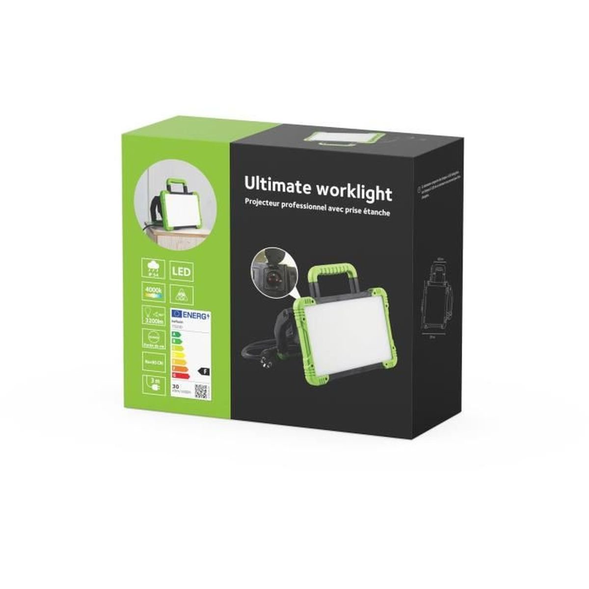 Verpackung eines "Ultimate Worklight" mit LED-Panel und Griff.