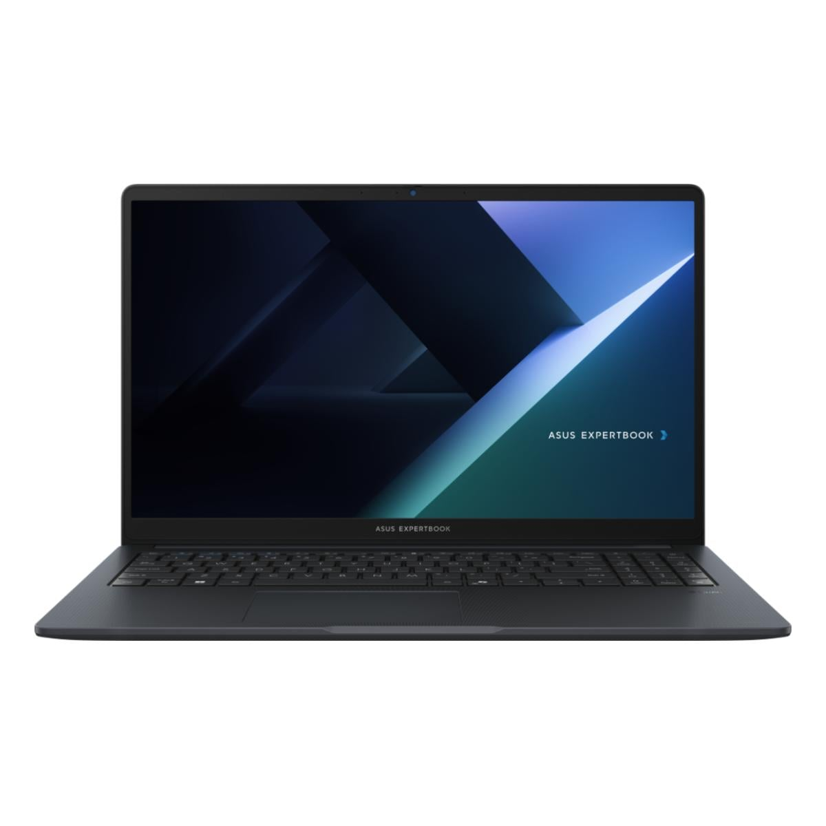 Ein geschlossener, dunkler Asus Expertbook Laptop auf weißem Hintergrund.