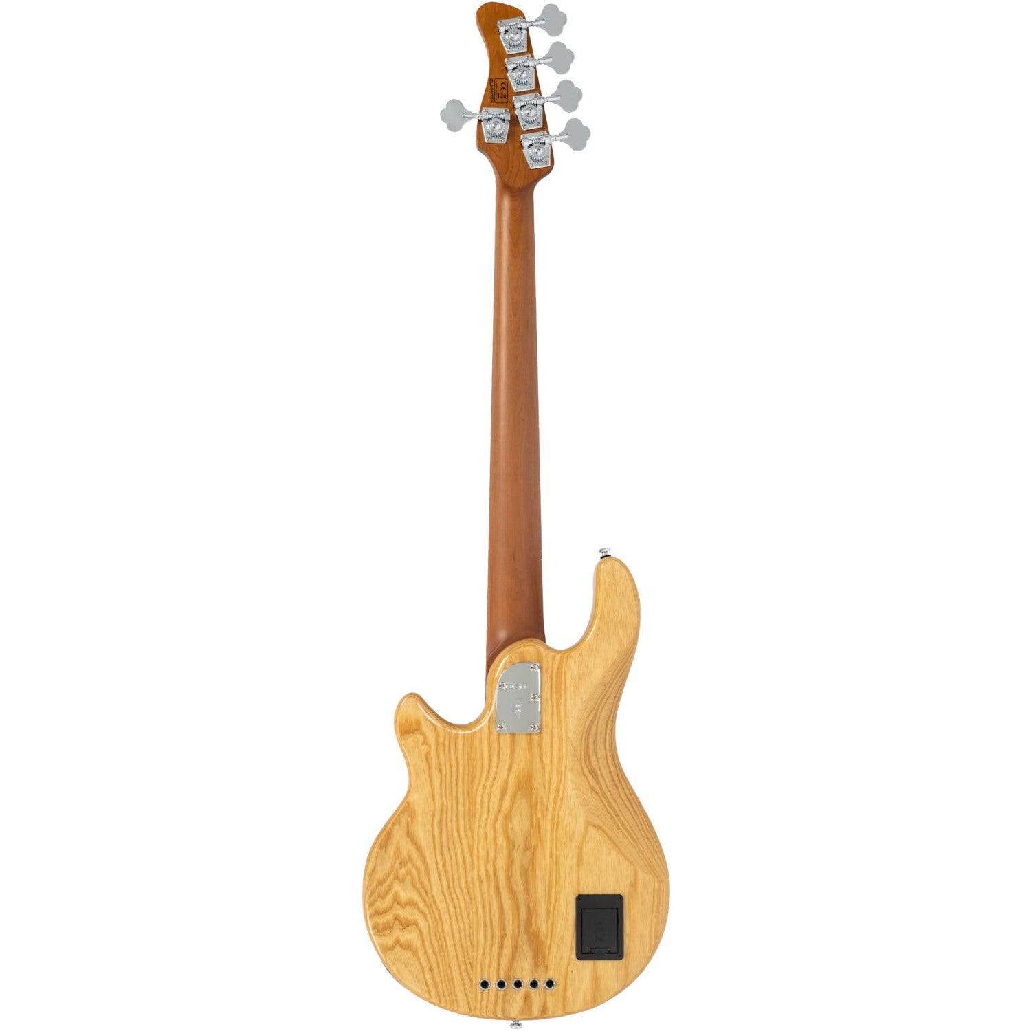 Achterkant van een licht houten basgitaar met zilveren stemknoppen en een donkere slagplaat.