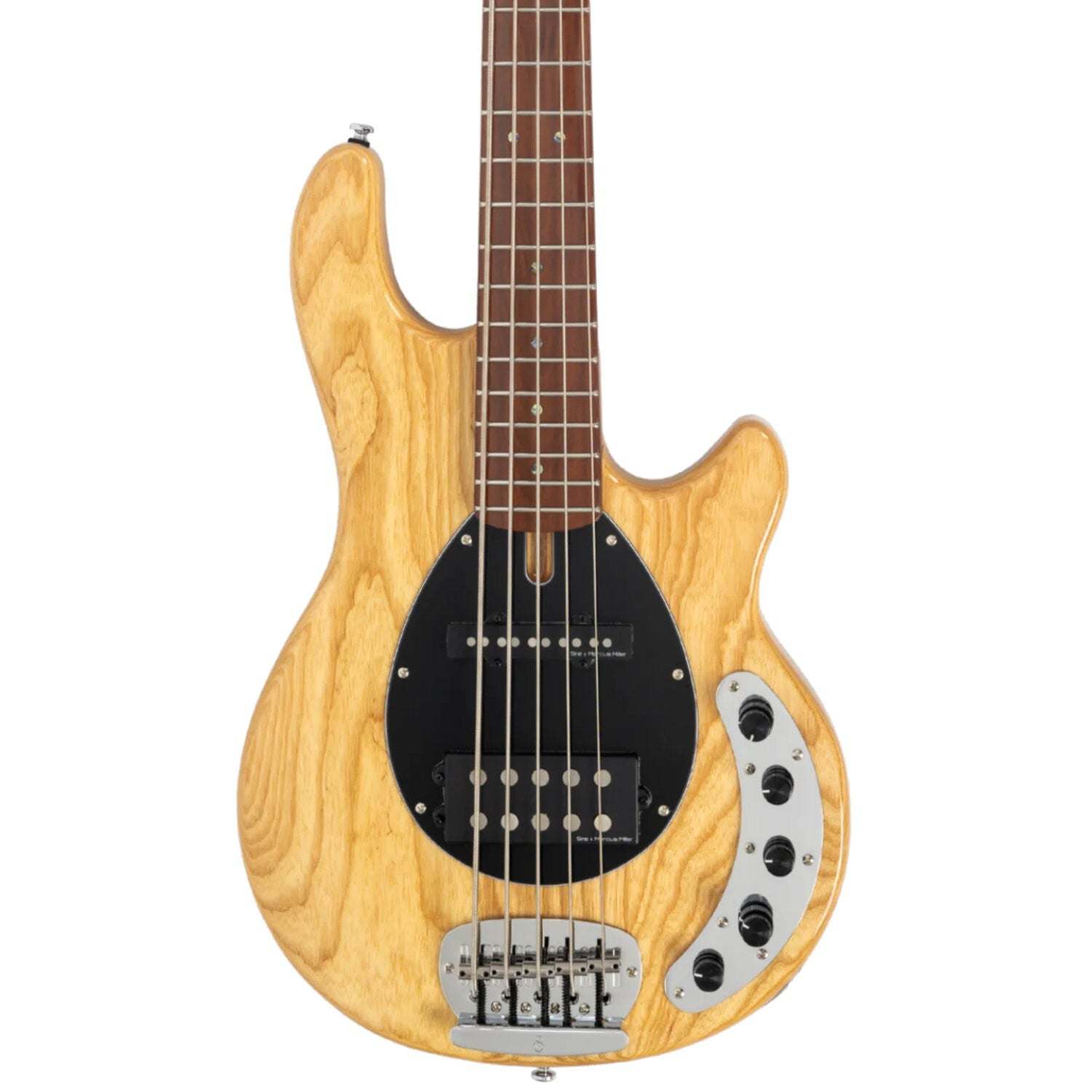 Licht houten basgitaar body met zwarte pickup en zilveren knoppen.