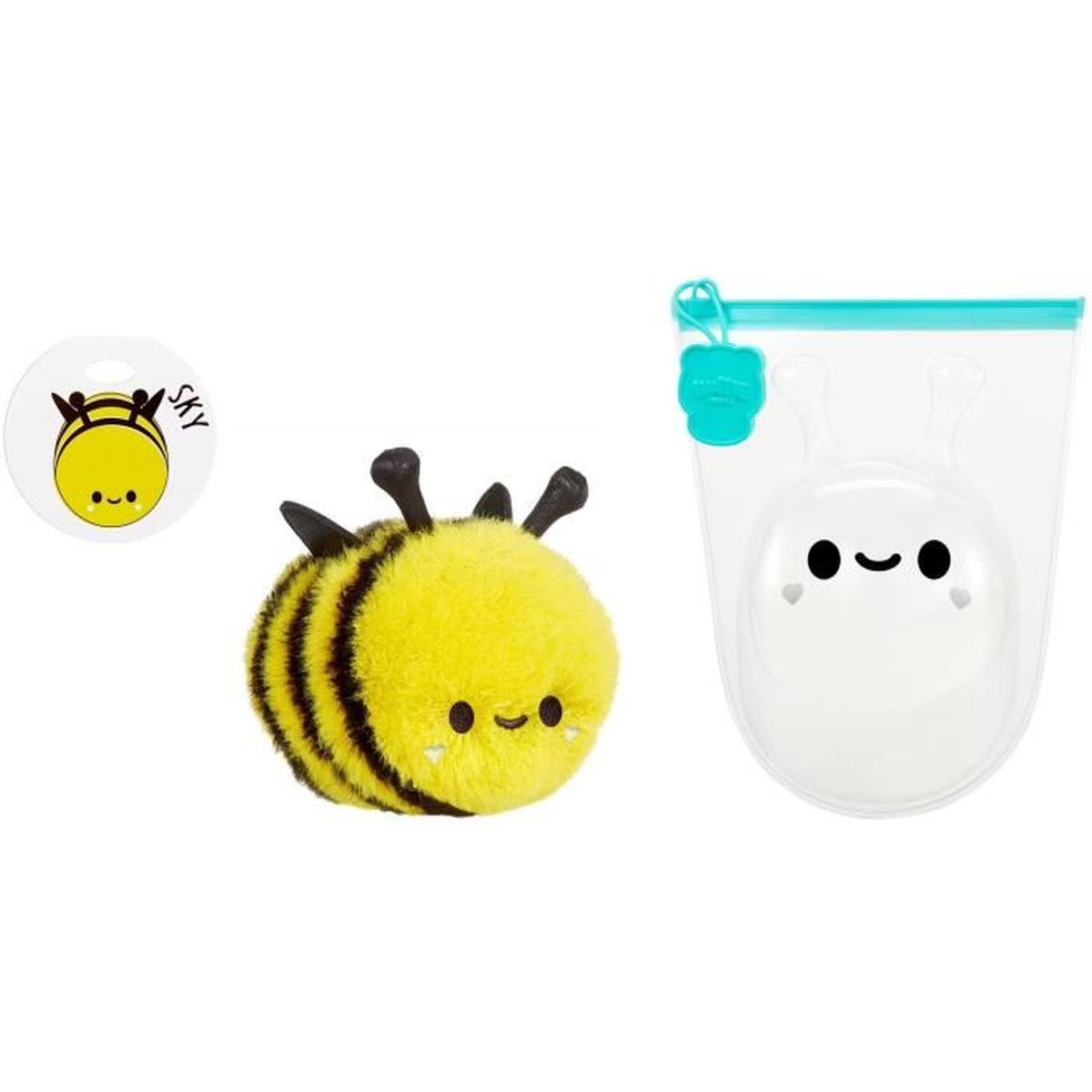 Ein flauschiges Bienen-Plüschtier und ein durchsichtiger Beutel mit Hasenohren.