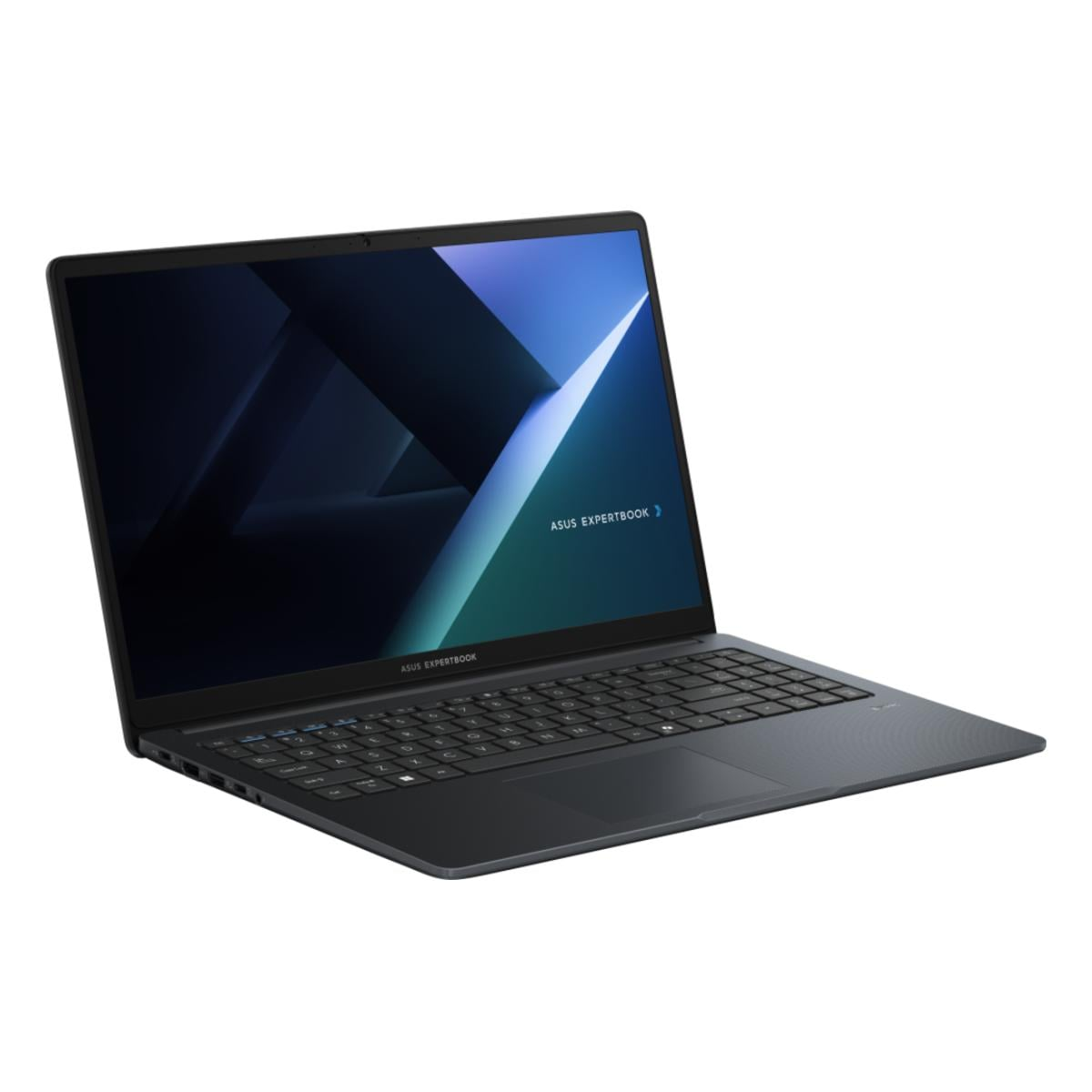 Ein dunkler ASUS ExpertBook Laptop mit blau-grünem Hintergrundbild.