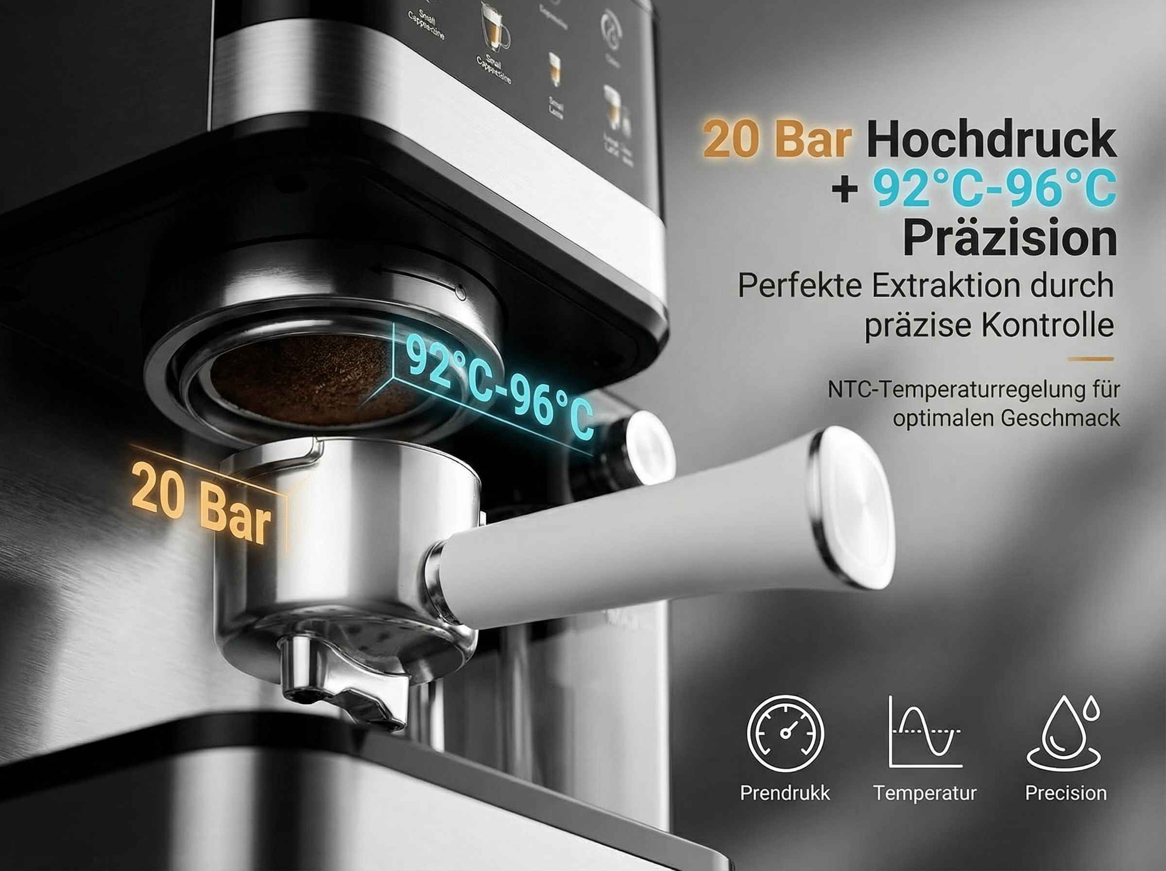Kaffeemaschine mit 20 Bar, 92-96°C Präzision für perf. Extraktion.