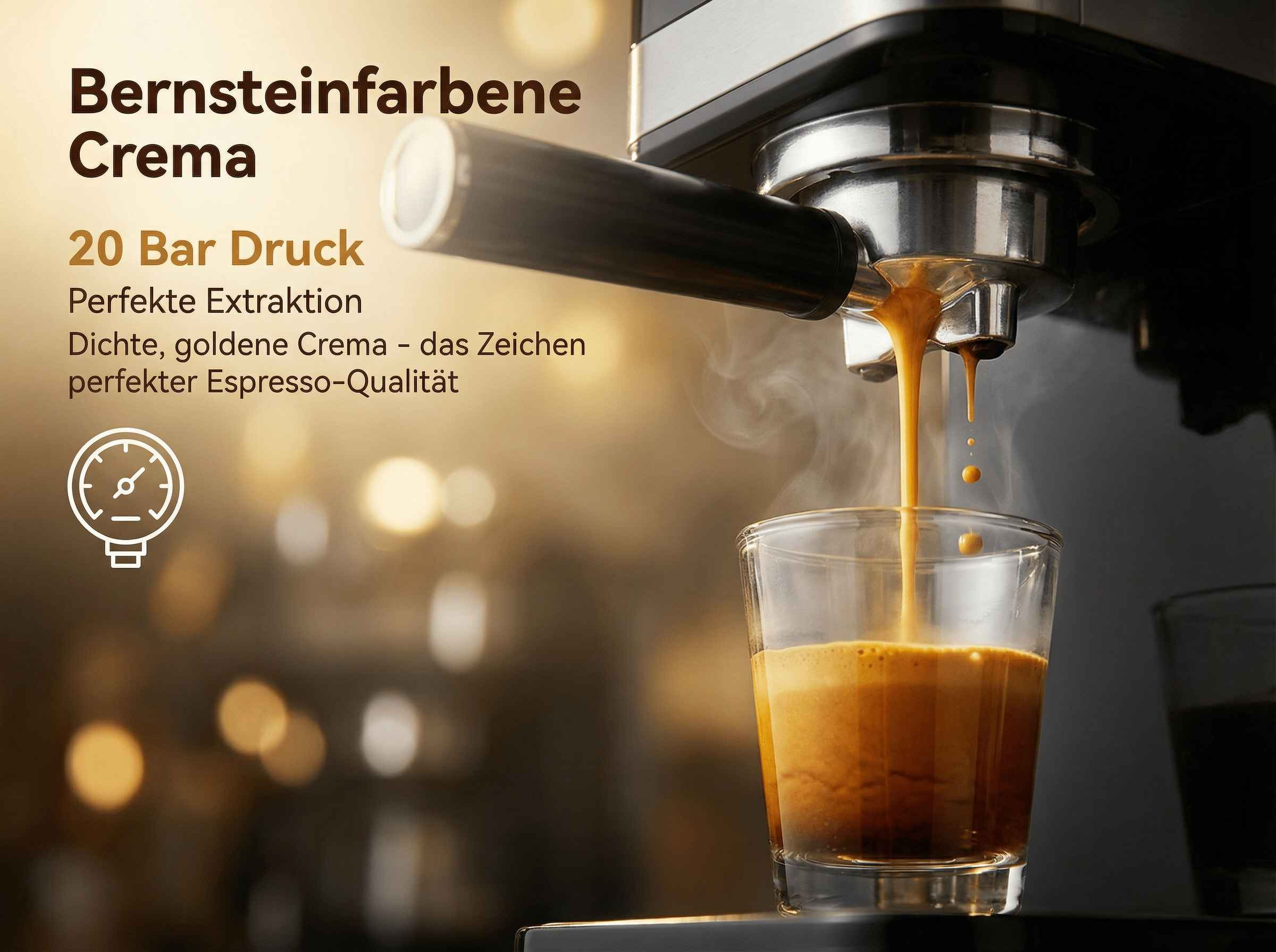 Espressomaschine brüht goldenen Espresso in ein Glas mit Bernsteinfarbener Crema.