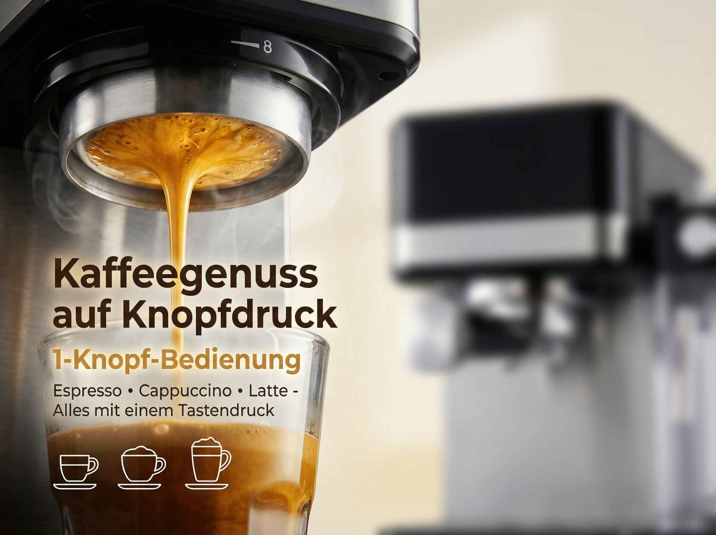 Espressomaschine brüht Kaffee in ein Glas mit Textanzeige.