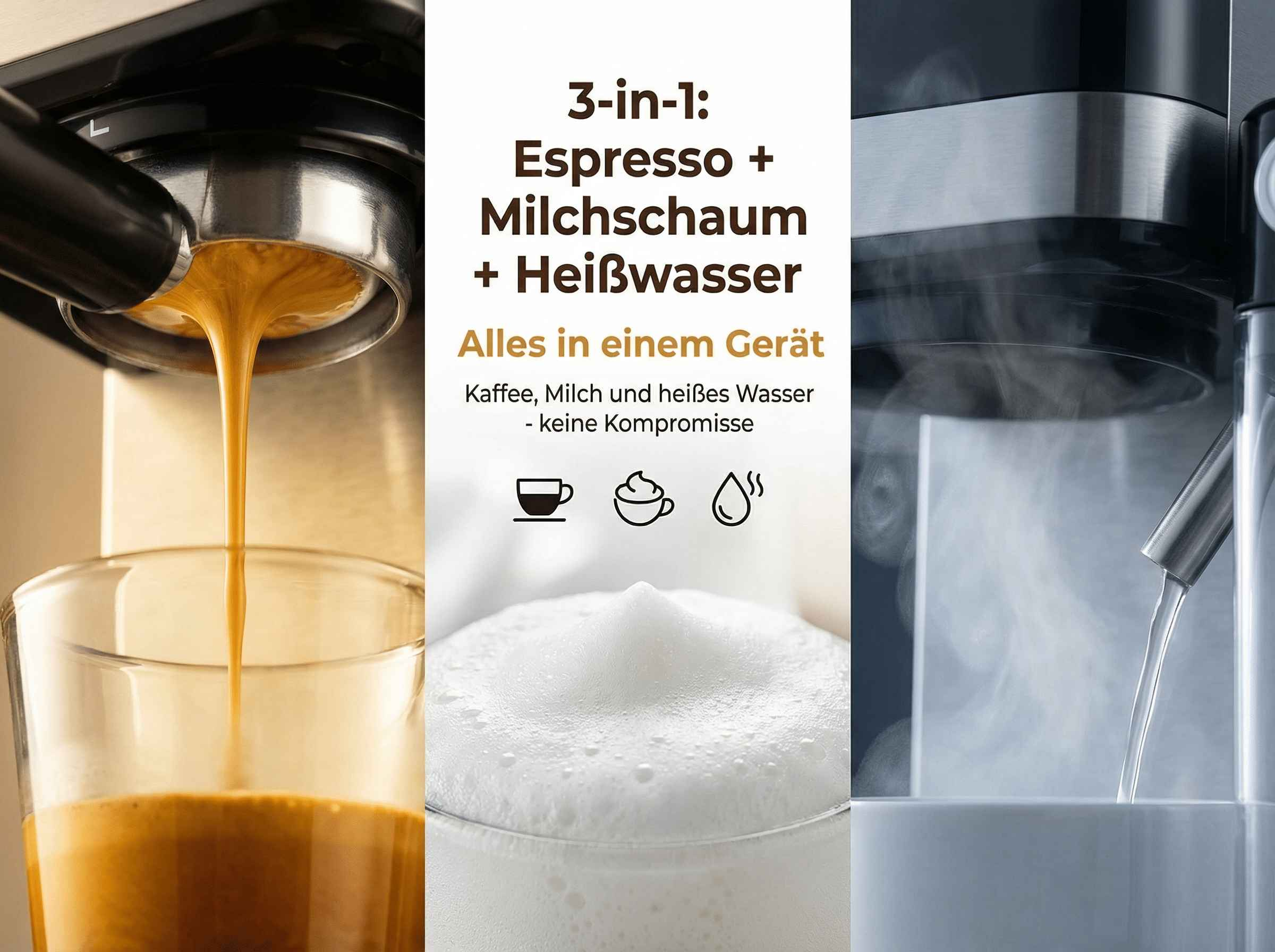 Espressomaschine macht Espresso, Milchschaum und heißes Wasser.