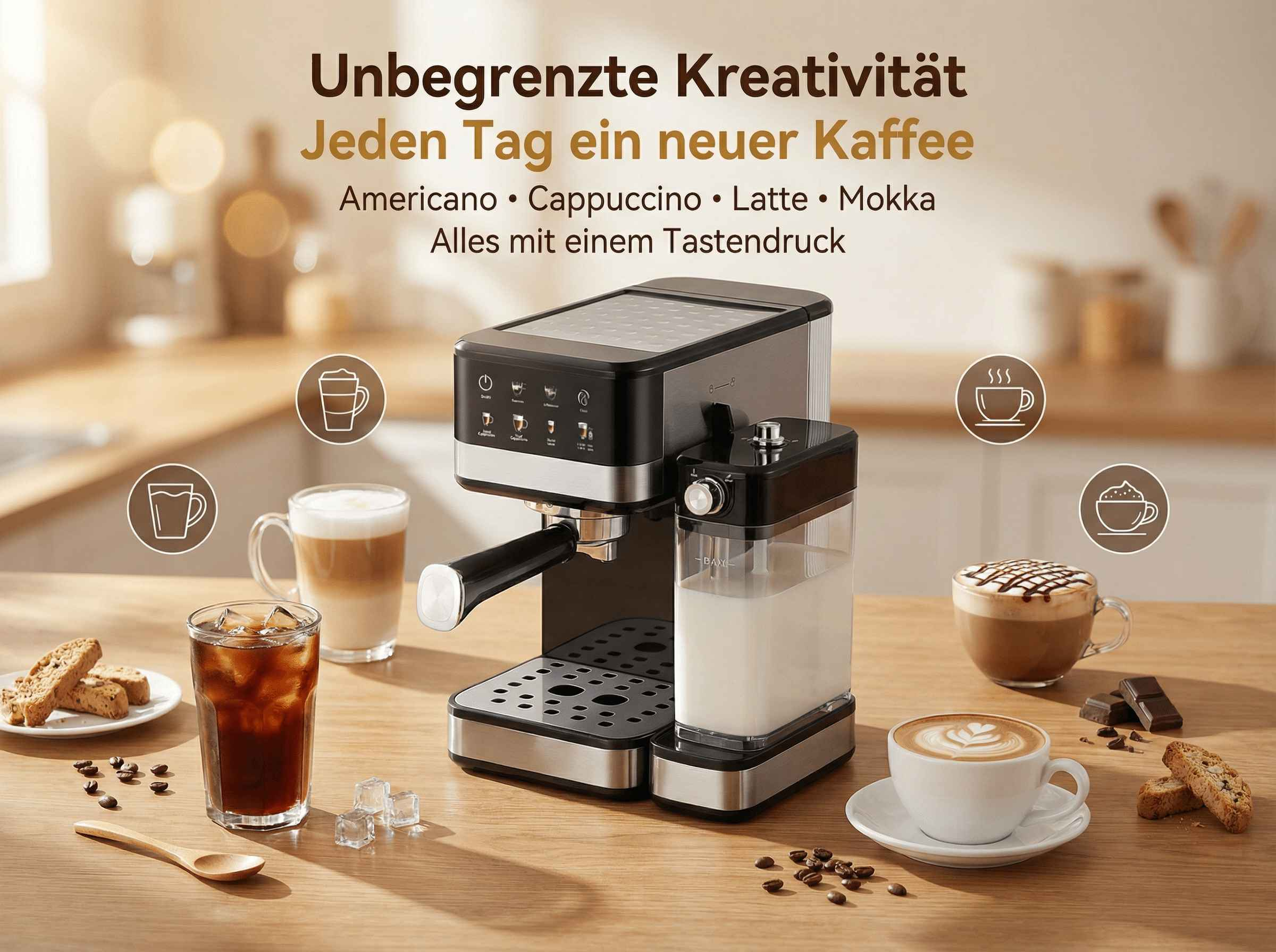 Kaffeemaschine mit verschiedenen Kaffees und Keksen auf einem Holztisch.