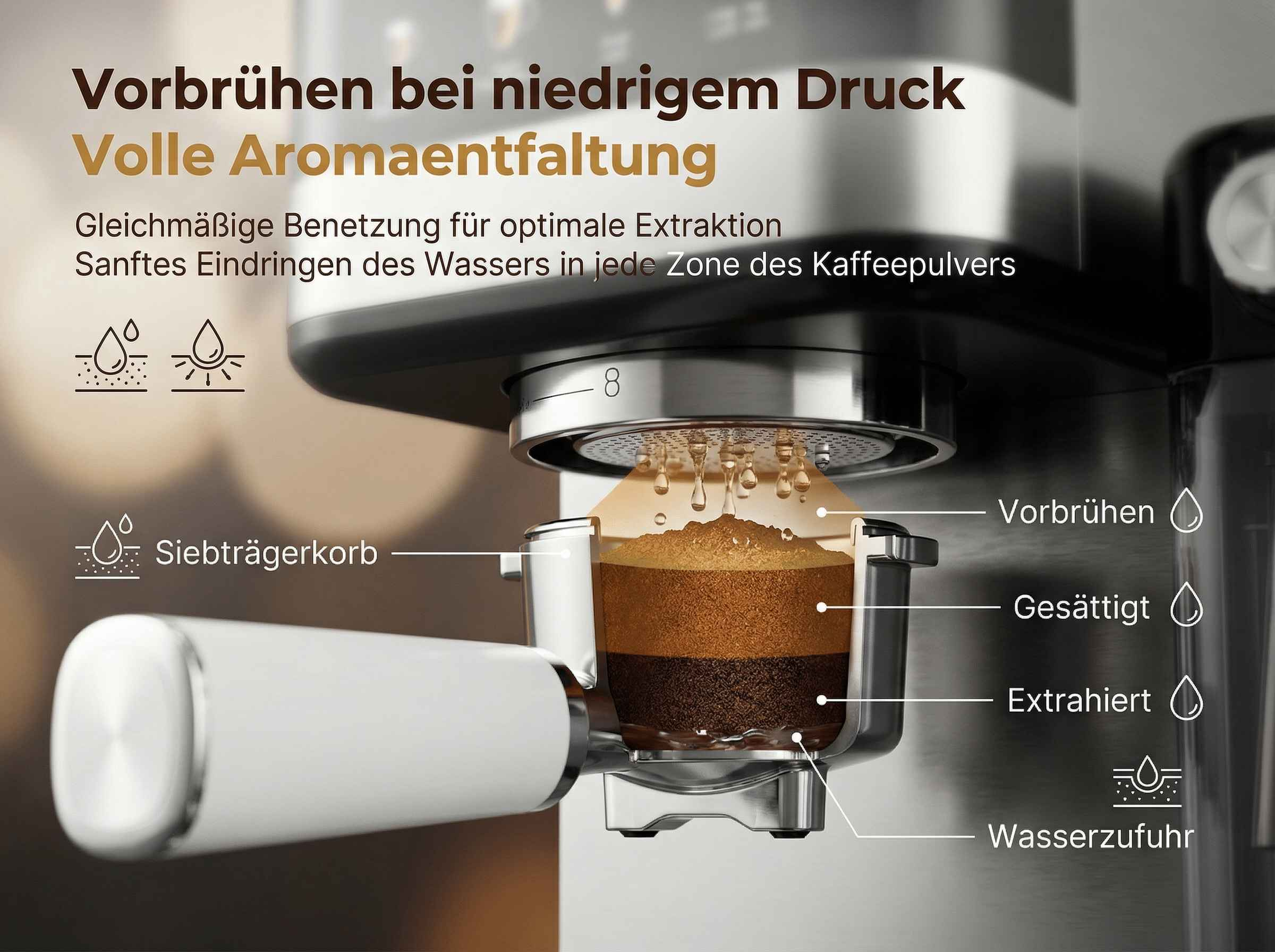 Kaffeemaschine mit Fokus auf Brühprozess: Vorbrühen, Sättigung, Extraktion.
