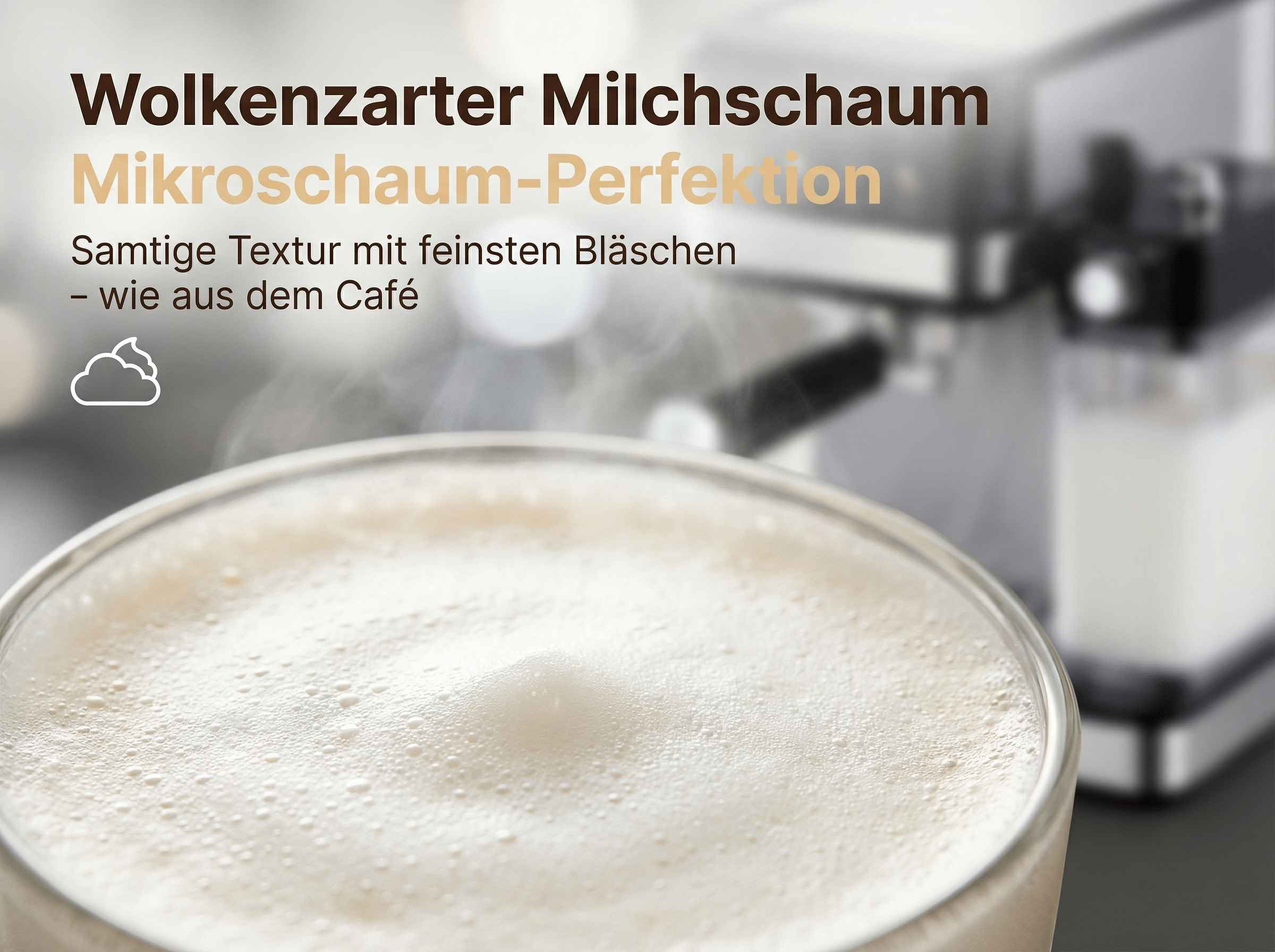 Milchschaum mit feinen Bläschen in einem Glas, daneben ein Kaffeevollautomat.