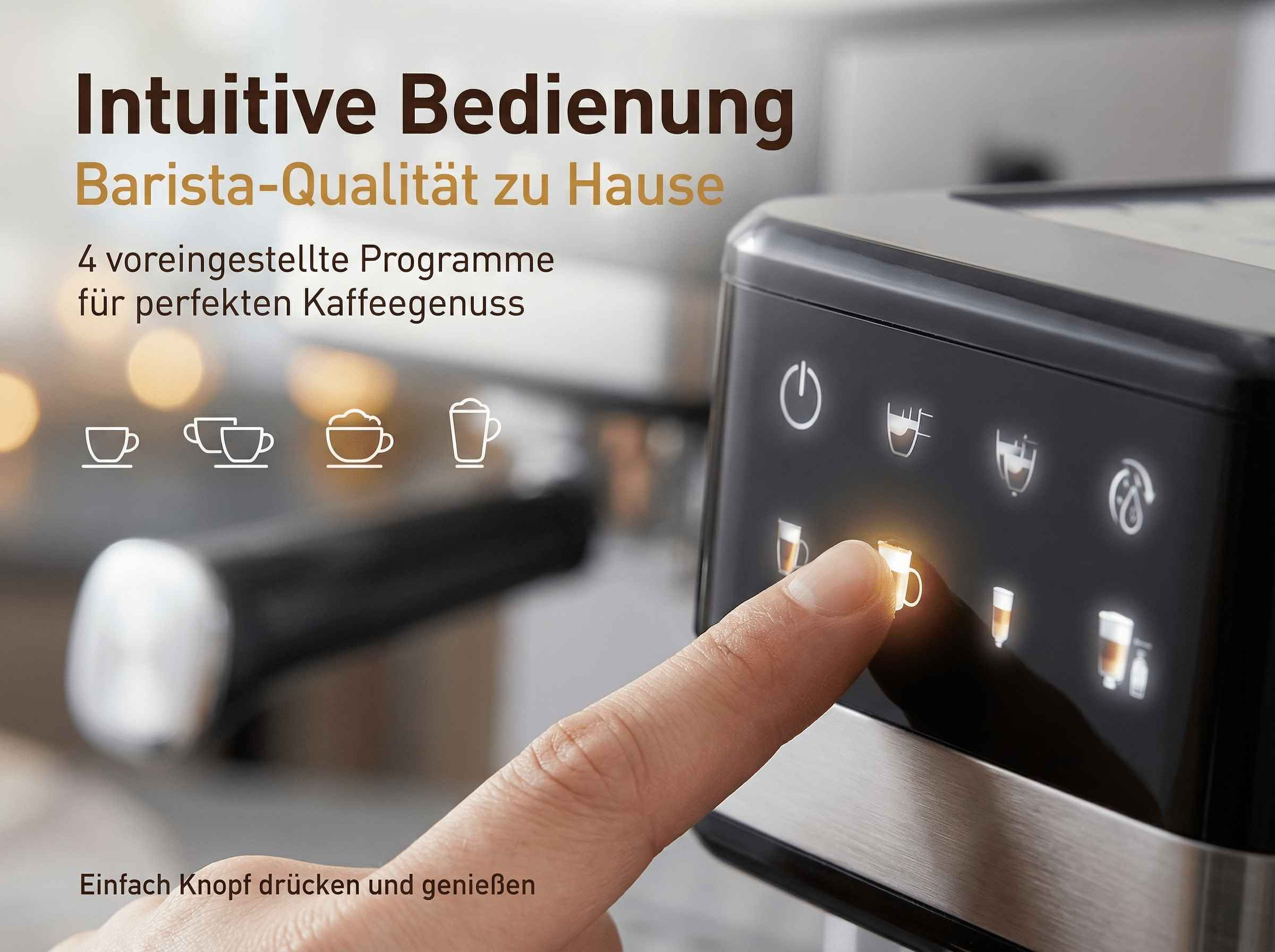Eine Hand drückt auf eine Kaffeemaschine mit Symbolen. Intuitive Bedienung.