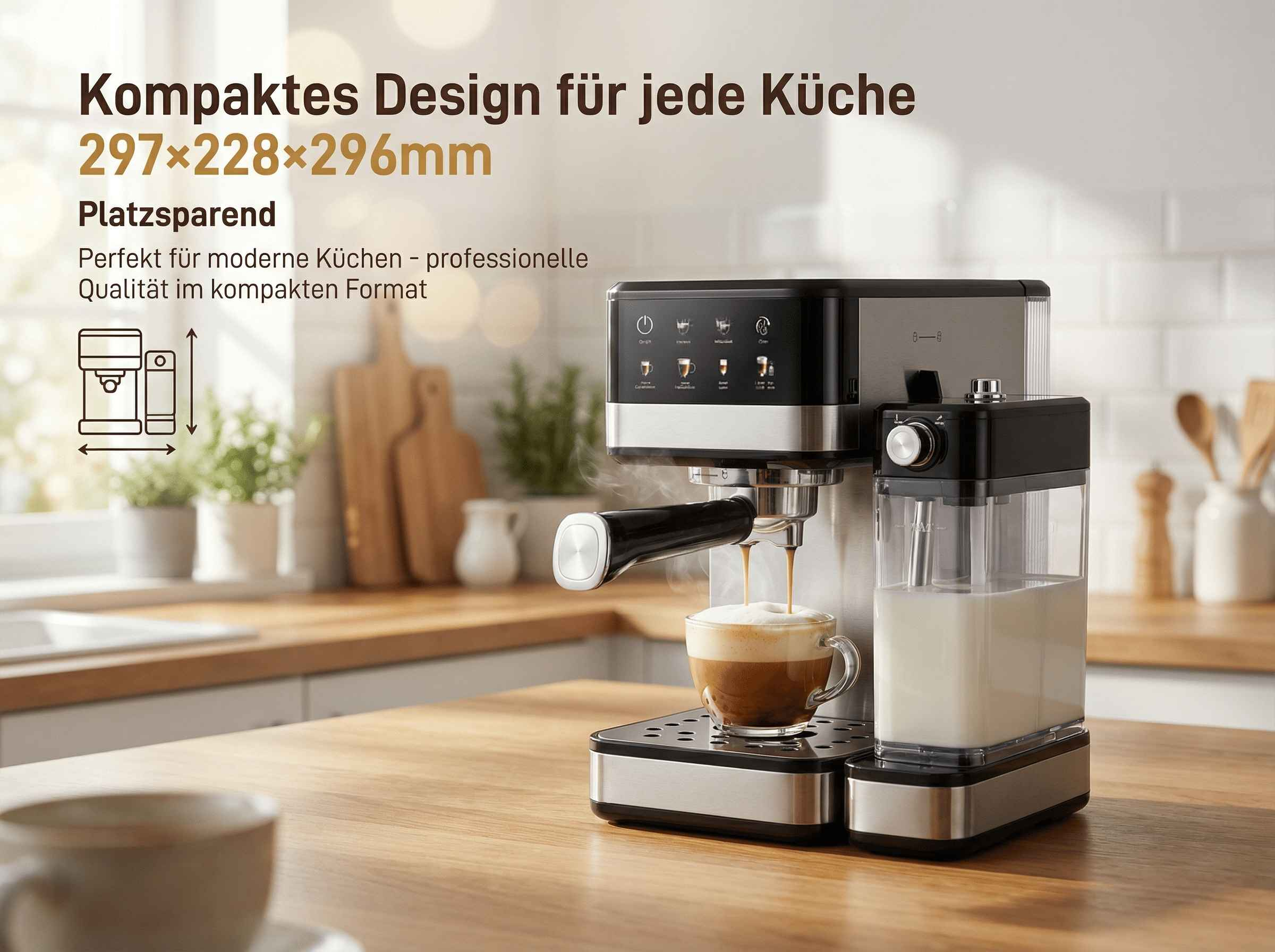 Eine Espressomaschine brüht Kaffee in eine Tasse, daneben ein Milchbehälter.