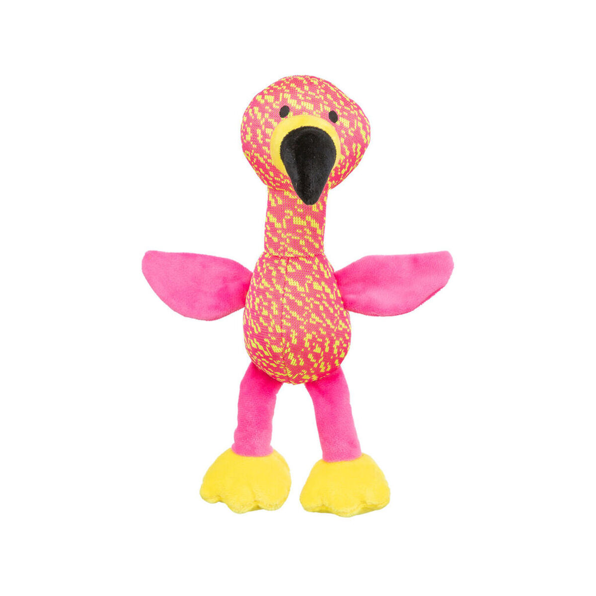 Ein rosa und gelber Plüschflamingo mit schwarzen Augen und Schnabel.
