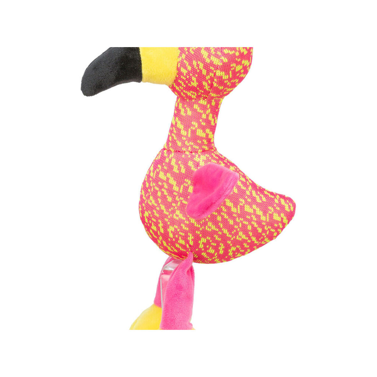Ein rosa Plüschflamingo mit gelben Mustern, schwarzem Schnabel und rosa Flügel.