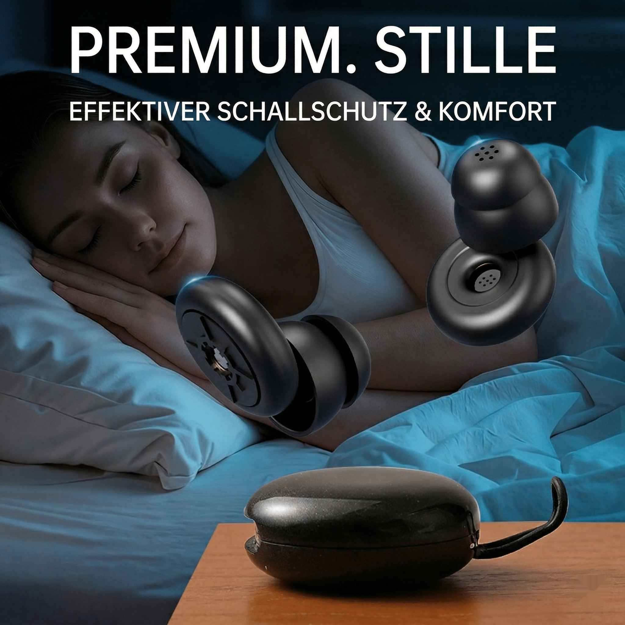 Frau schläft, Ohrstöpsel und Ladebox auf Nachttisch.