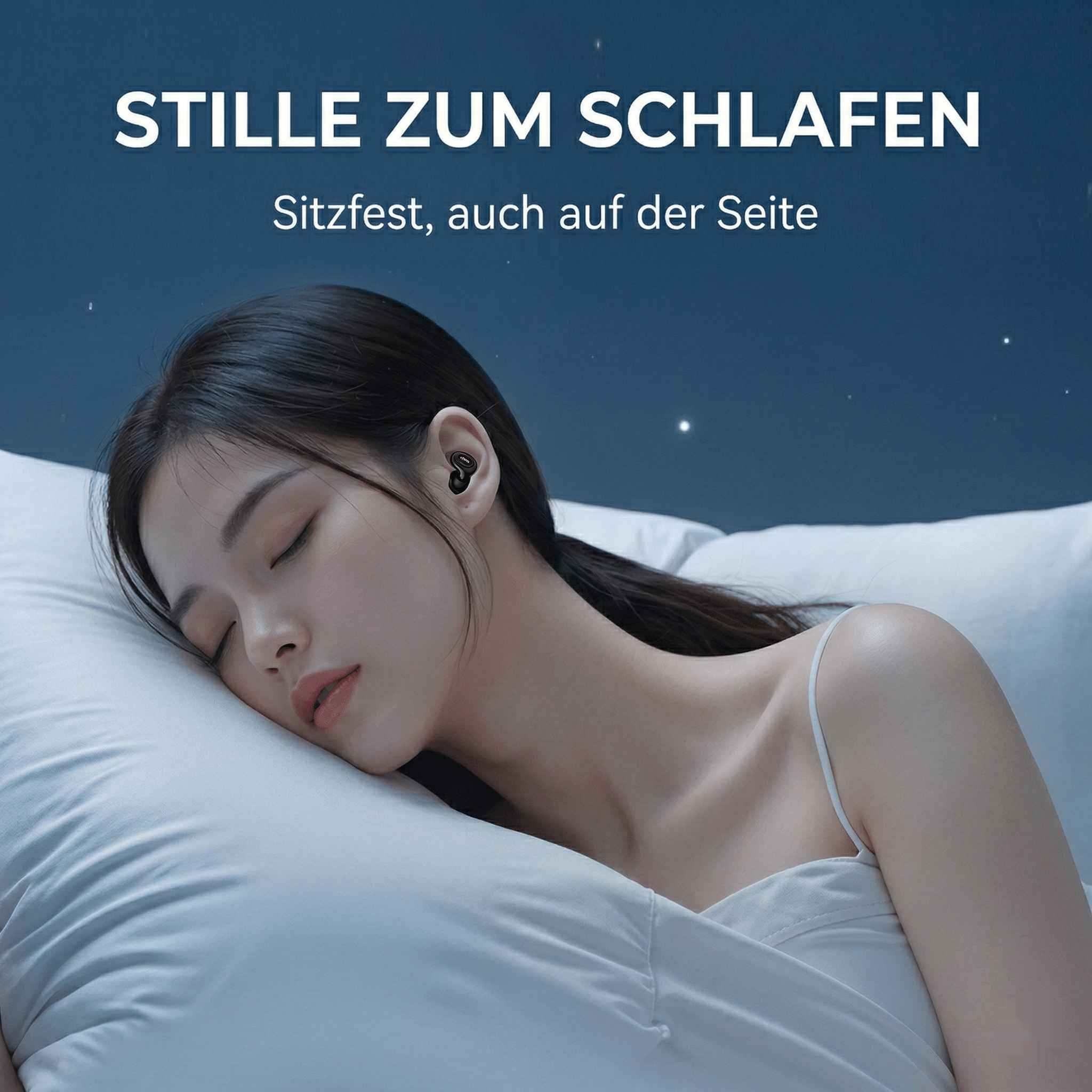 Junge Frau schläft auf einem Kissen mit Ohrhörern im Ohr.