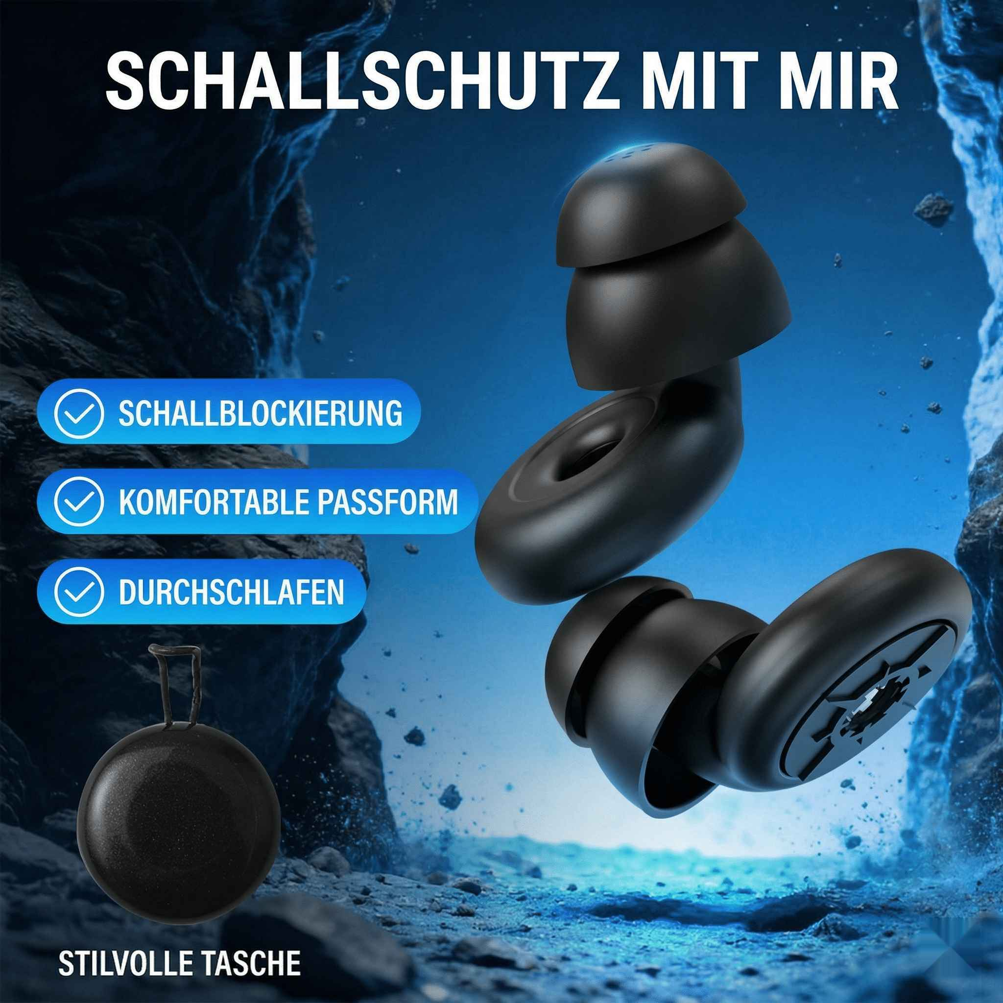 Schwarze Ohrstöpsel mit Zubehör und Text im Hintergrund.