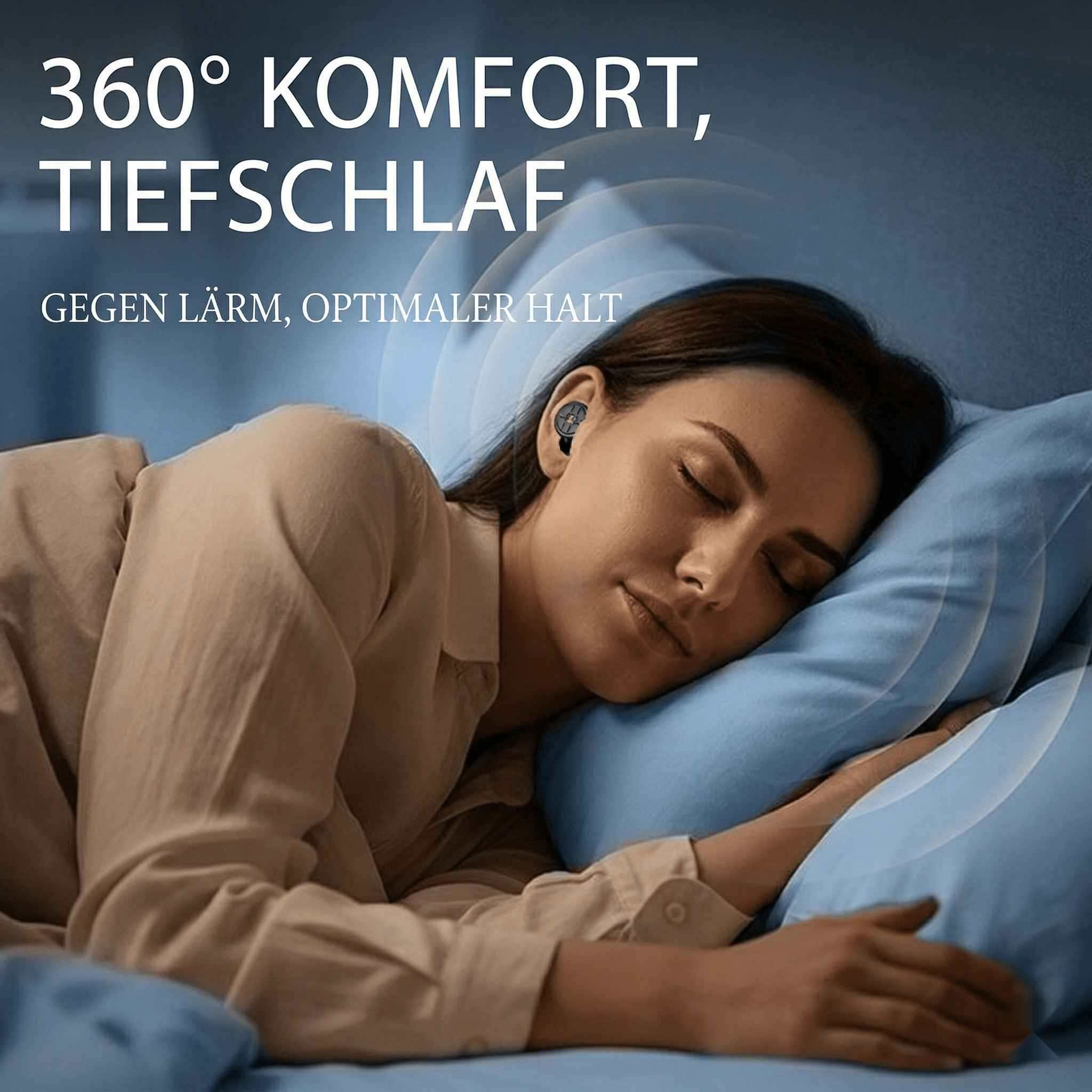 Frau schläft mit Ohrhörern auf blauem Kissen