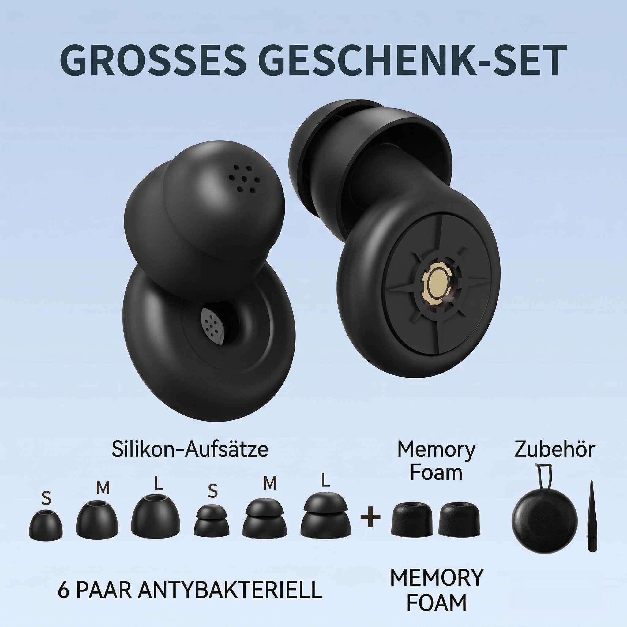 Zwei schwarze Ohrhörer mit verschiedenen Aufsätzen und Zubehörteilen.