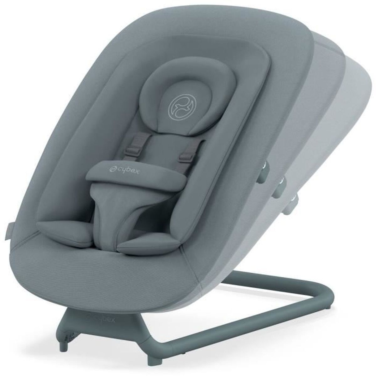 Grauer Babywippenstuhl mit Sicherheitsgurt und verstellbarer Rückenlehne.