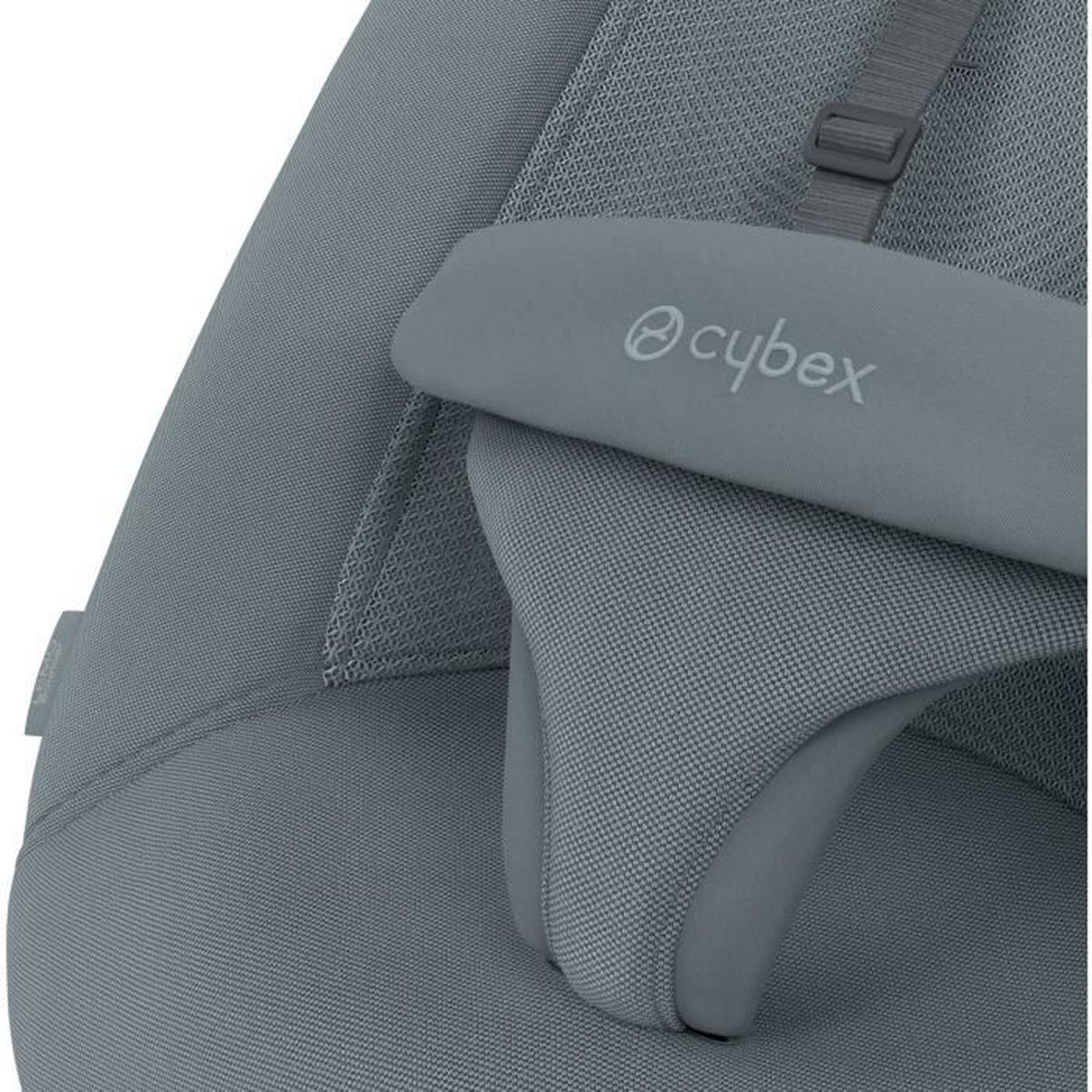 Nahaufnahme einer grauen Cybex Babywippe mit Netzstoff und Logo.