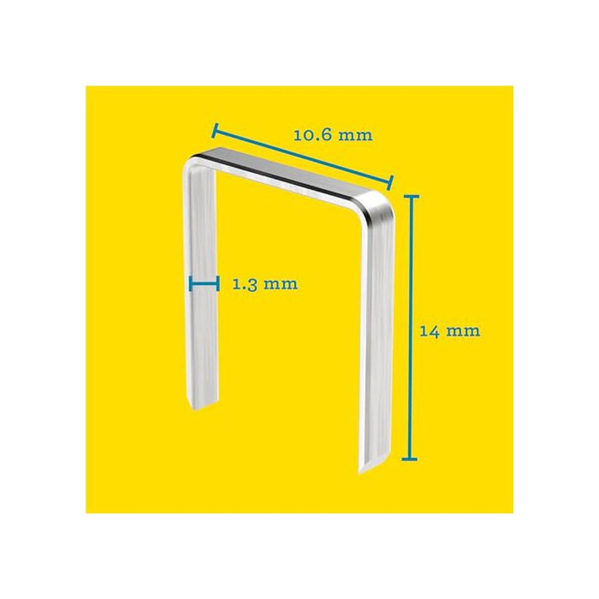Ein silberner U-förmiger Draht mit Maßen: 10,6 mm breit, 1,3 mm dick, 14 mm hoch.