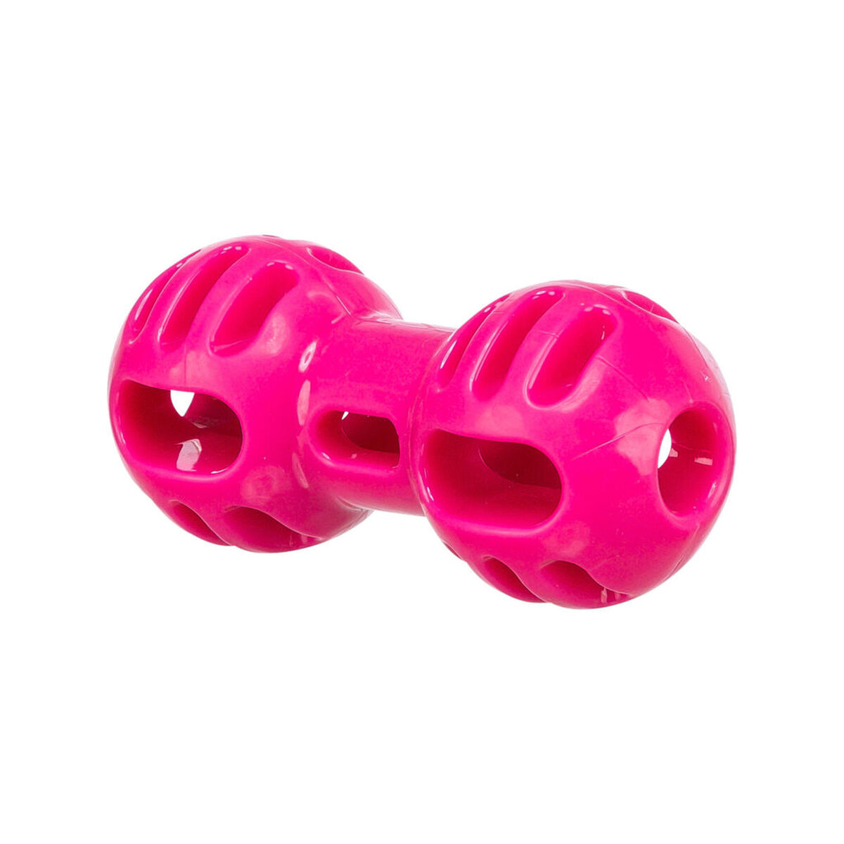 Ein pinker, hohler Gummi-Dumbbell-Spielzeug für Haustiere.