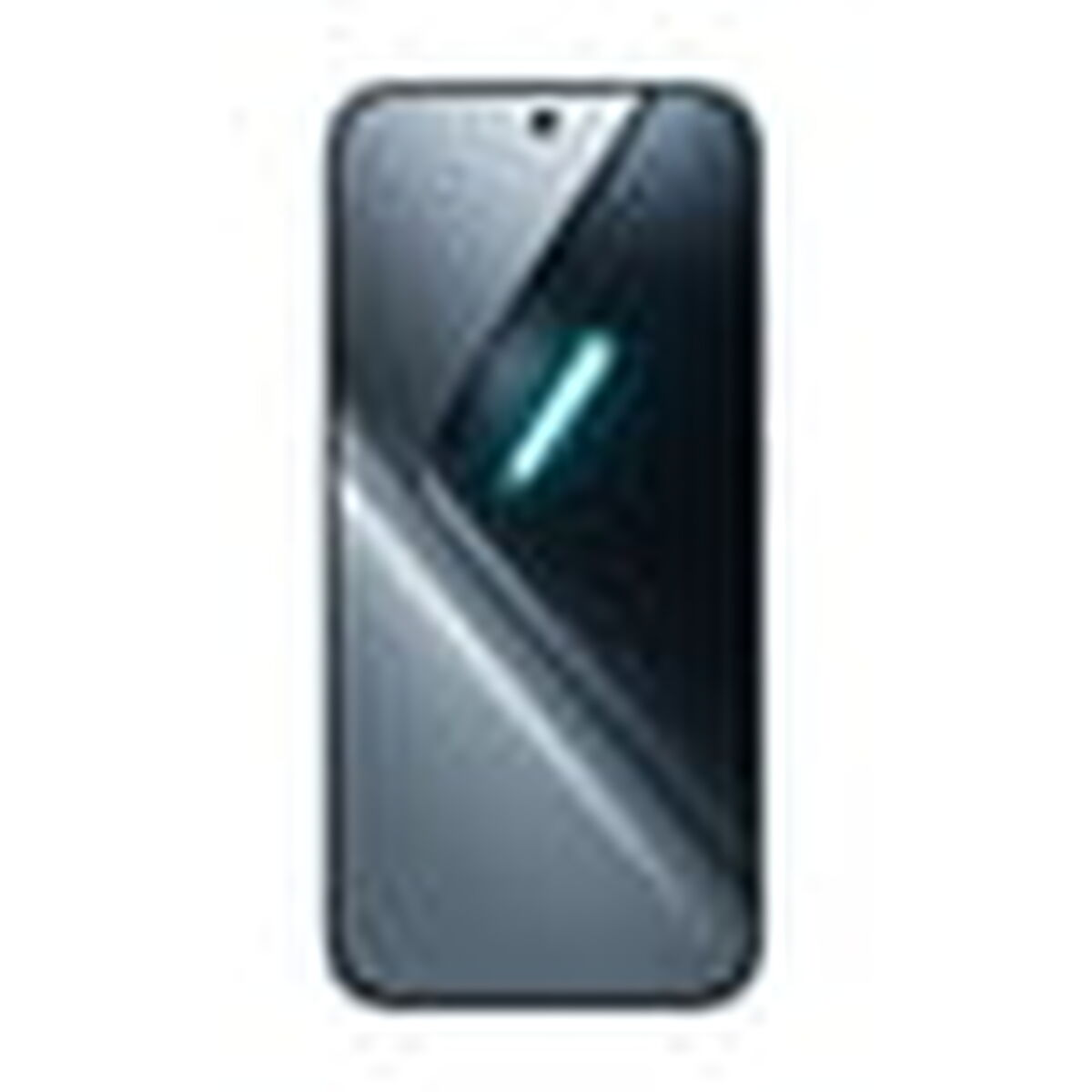 Czarny smartfon z niebieskim pasem światła na ekranie.