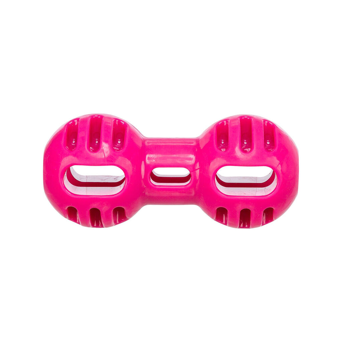 Ein rosa Hundespielzeug in Hantelform mit Schlitzen.