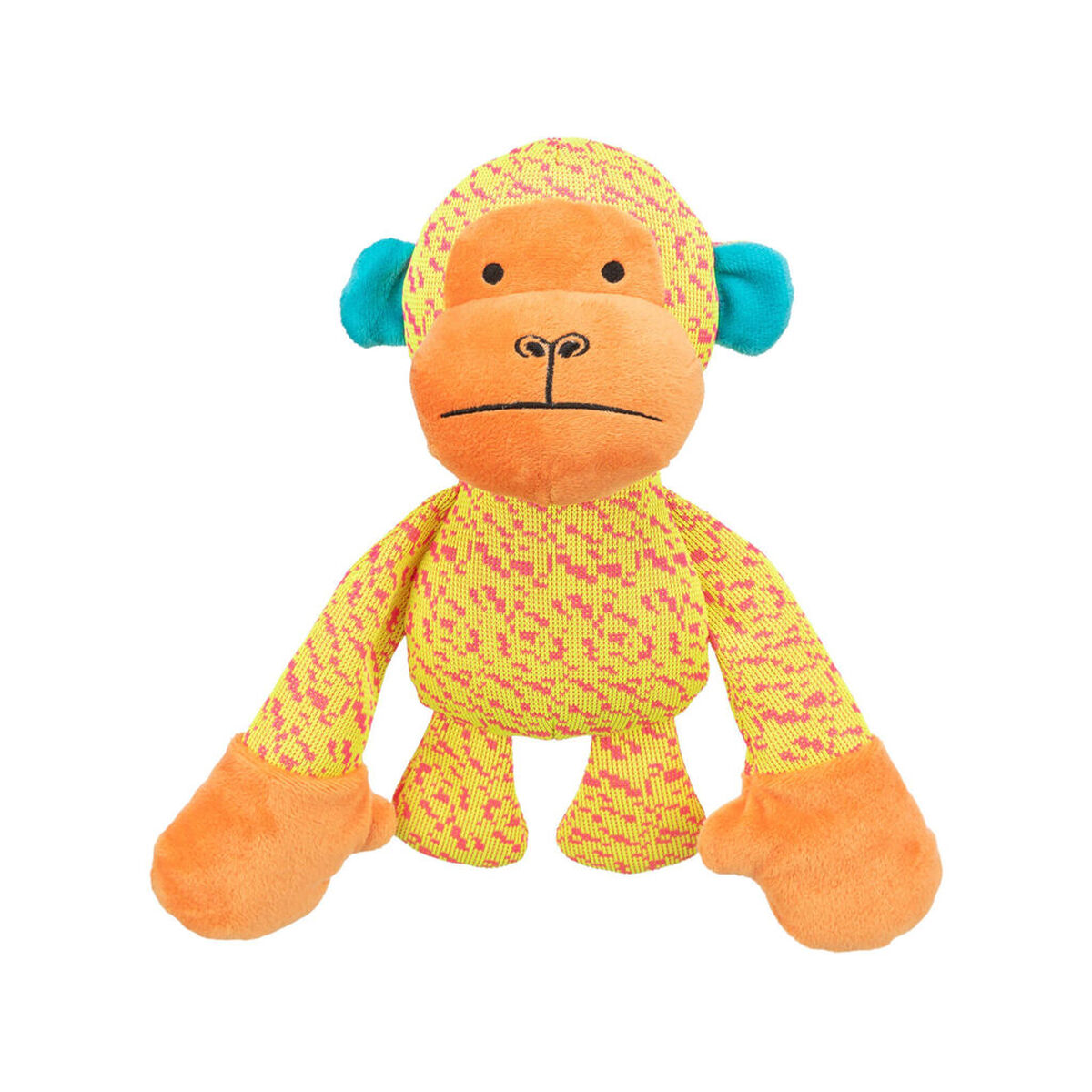 Ein gelber Affe mit orangenem Gesicht und blauen Ohren, mit rosa Muster.