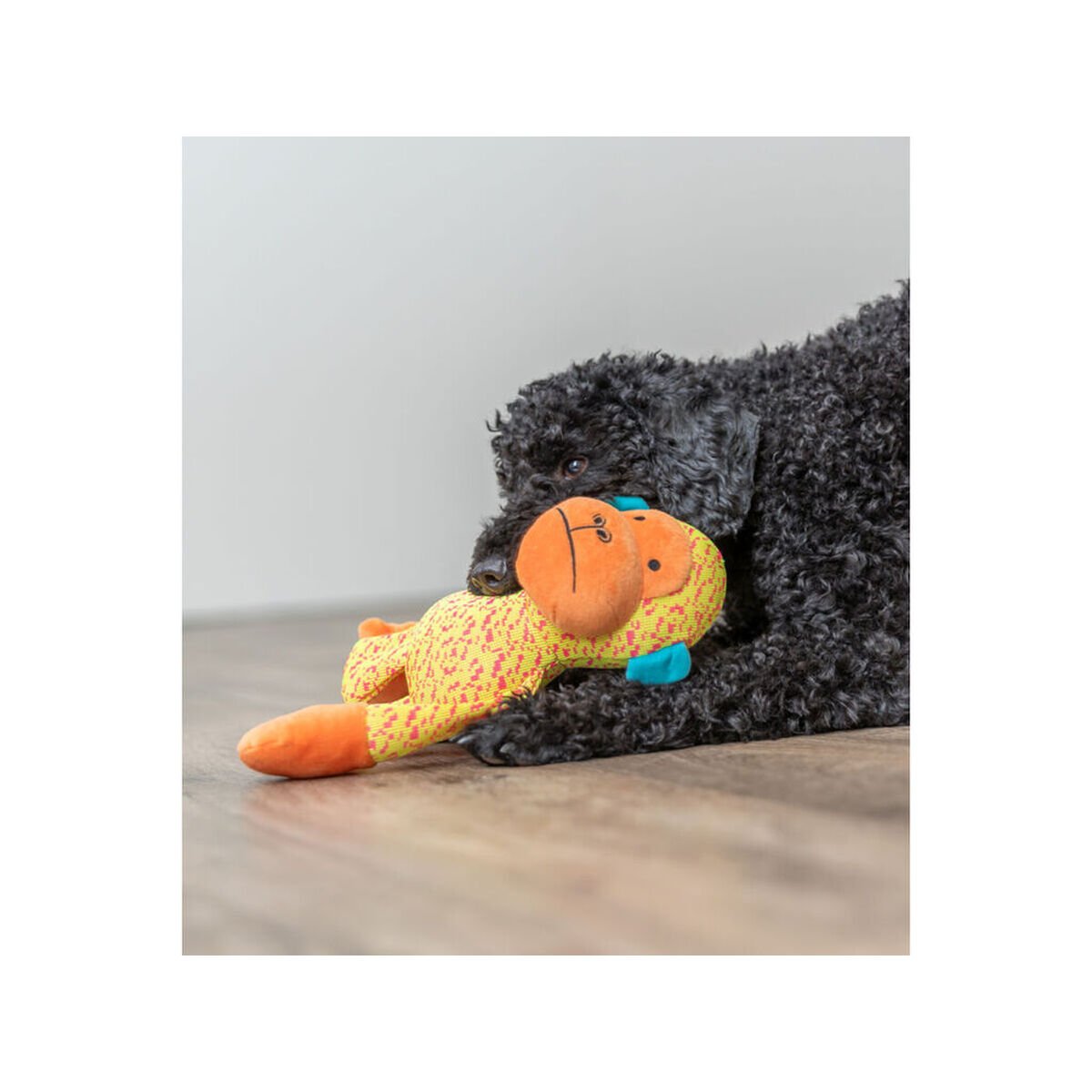 Ein schwarzer Hund liegt auf dem Boden und spielt mit einem gelben Stofftier mit orangenem Gesicht.