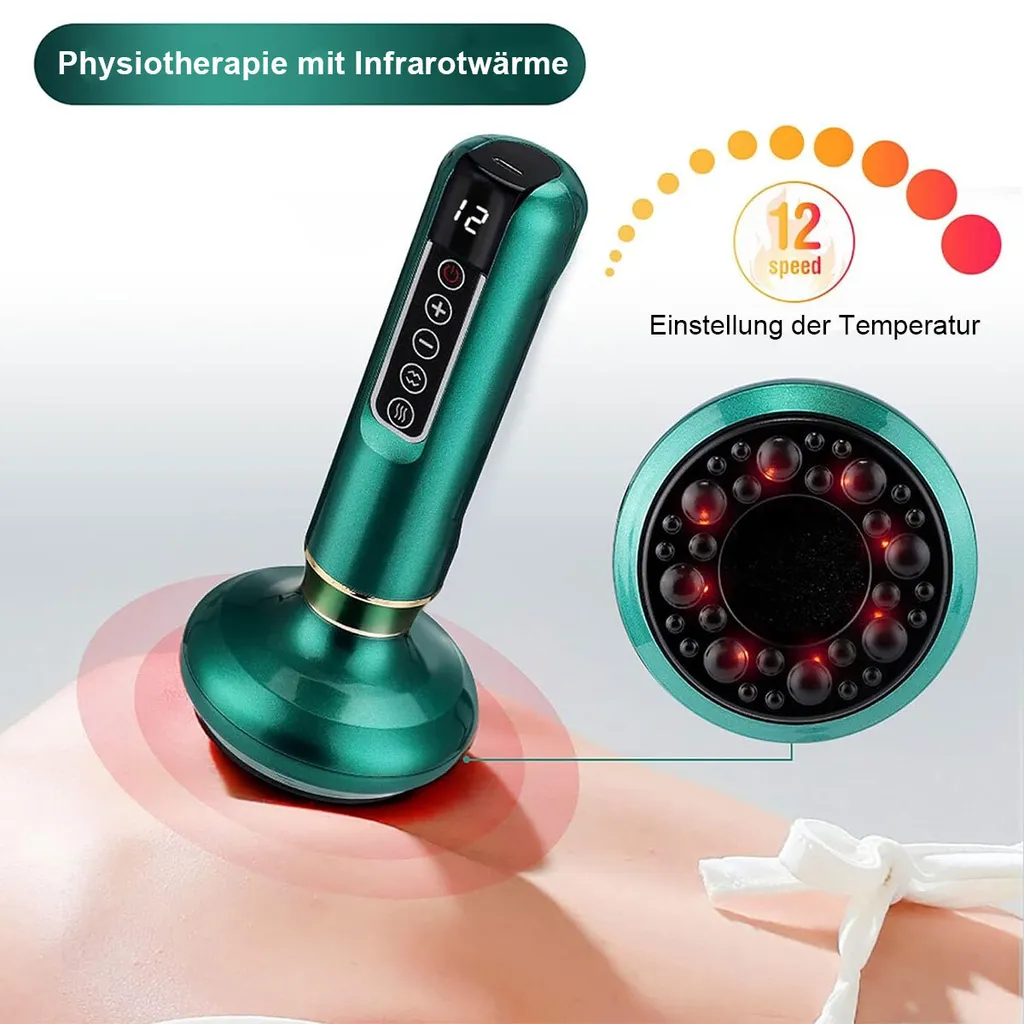 Grünes Physiotherapiegerät mit Digitalanzeige auf Haut. Nahaufnahme zeigt Infrarotlichter.