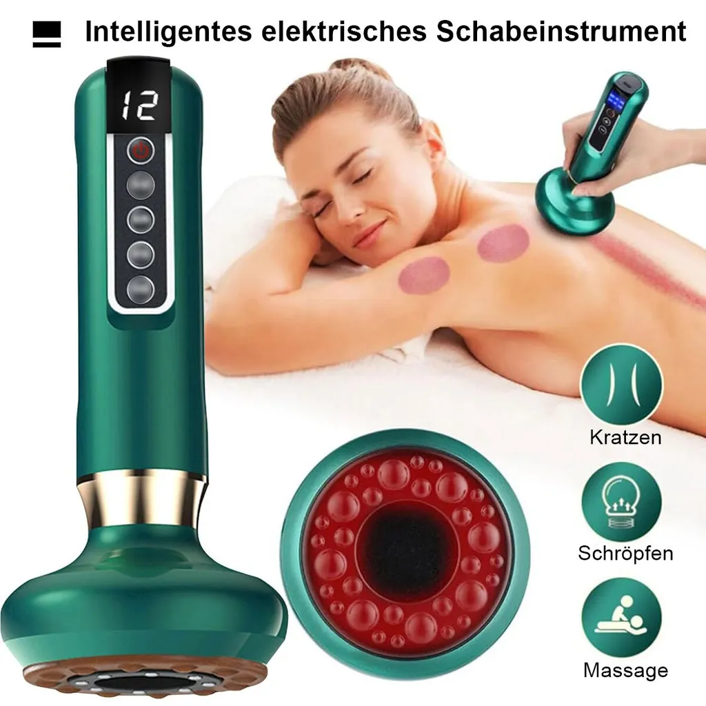 Grünes Massagegerät mit digitalen Anzeigen, auf dem Rücken einer Frau mit Schröpfnarben.