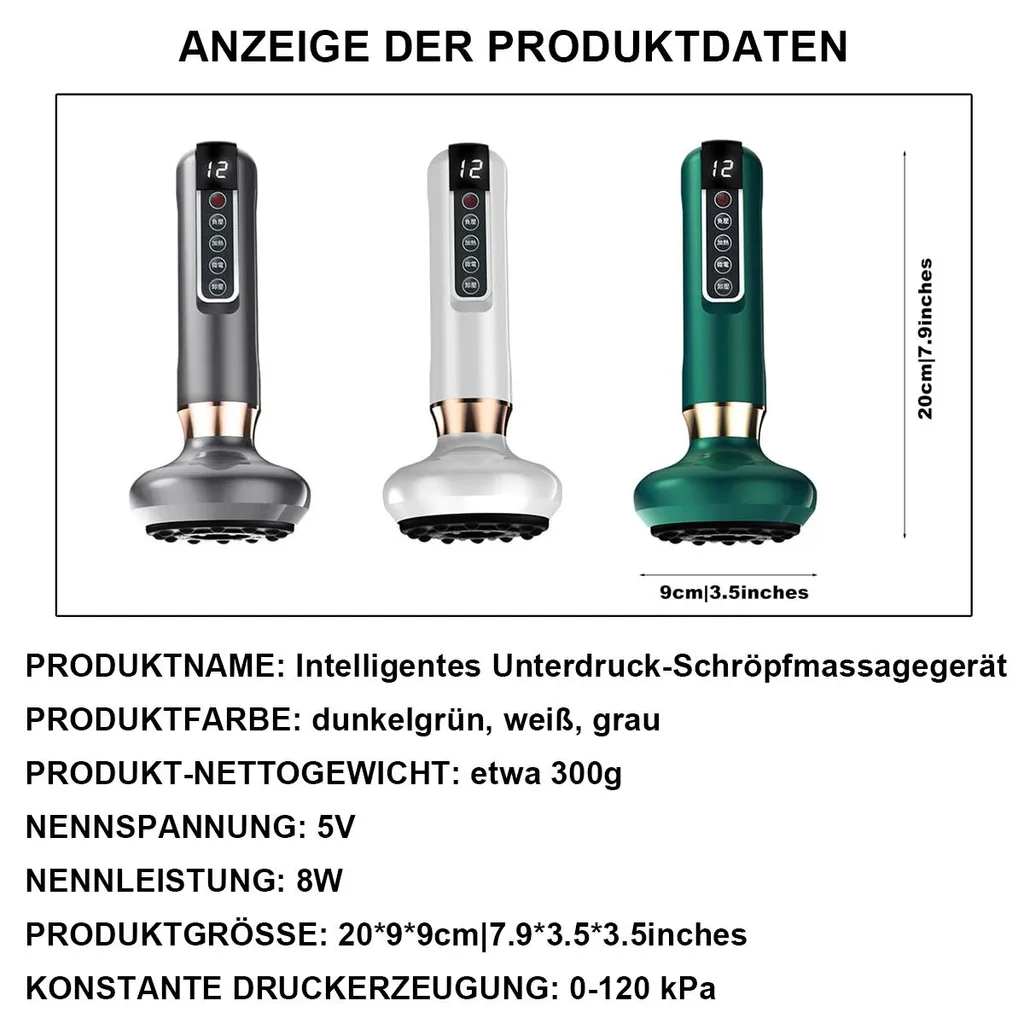 Drei Massagegeräte in Grau, Weiß und Grün mit digitalen Anzeigen und Knöpfen.